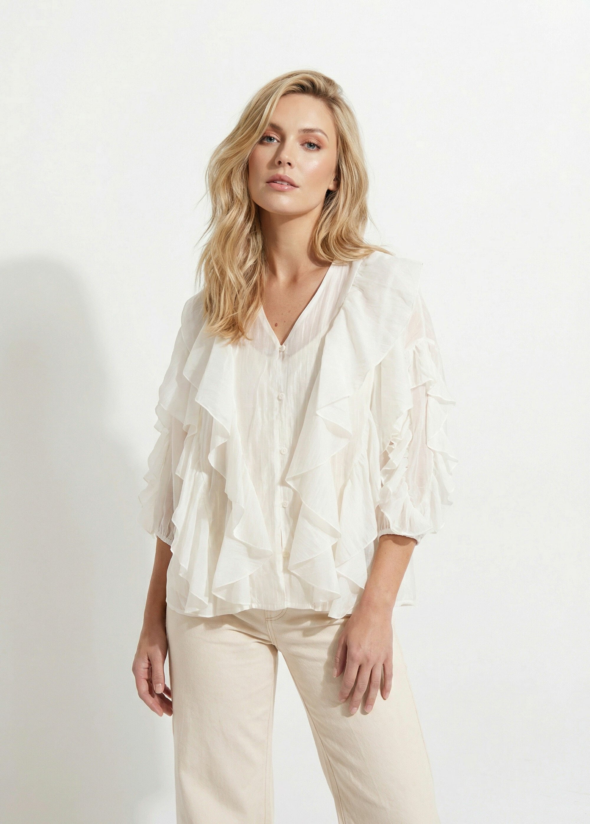 Blouse col V boutonnée à volants Femme Blanc JS-CH3610 FA1