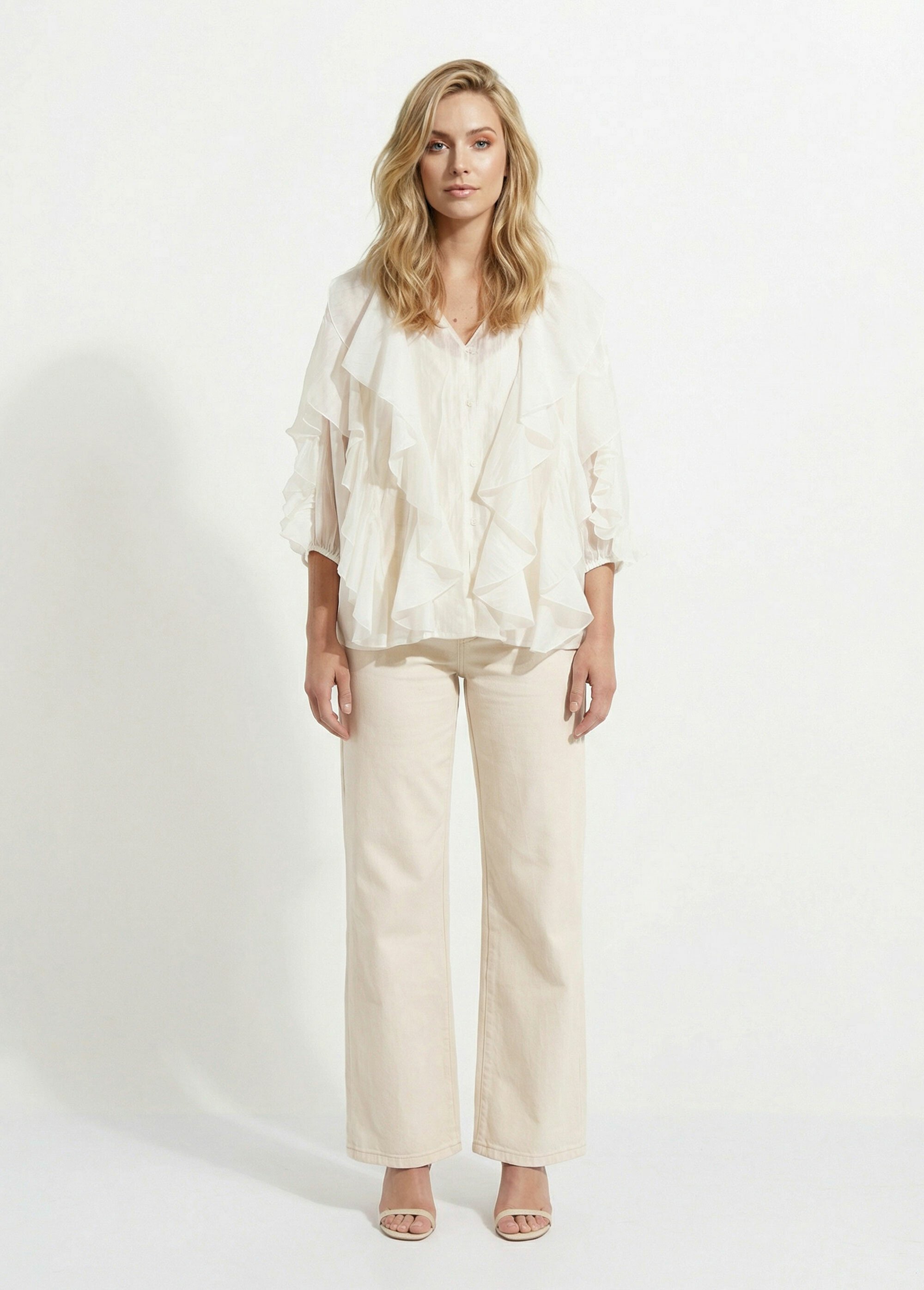 Blouse col V boutonnée à volants Femme Blanc JS-CH3610 SF1