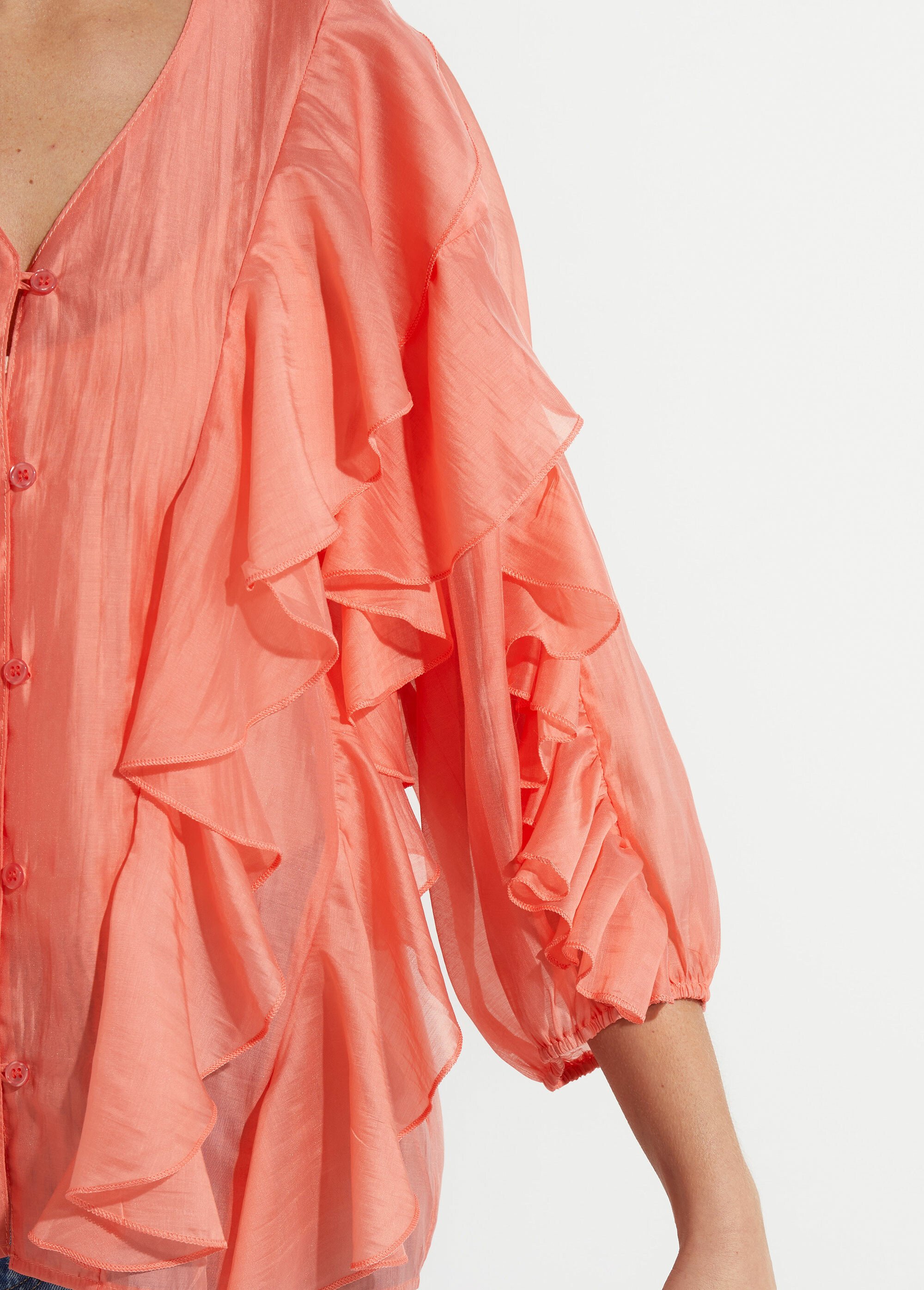 Blouse col V boutonnée à volants Femme Rose JS-CH3610 DE1