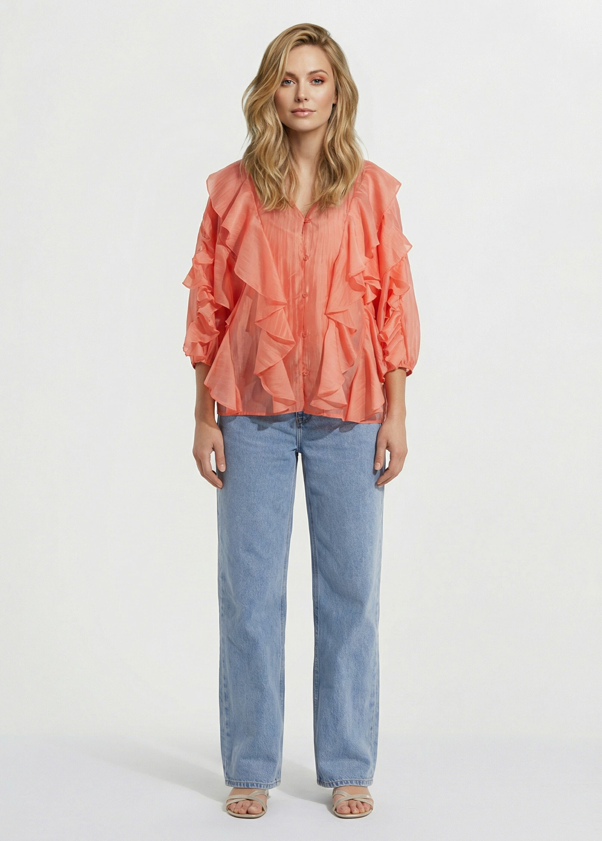 Blouse col V boutonnée à volants Femme Rose JS-CH3610 SF1