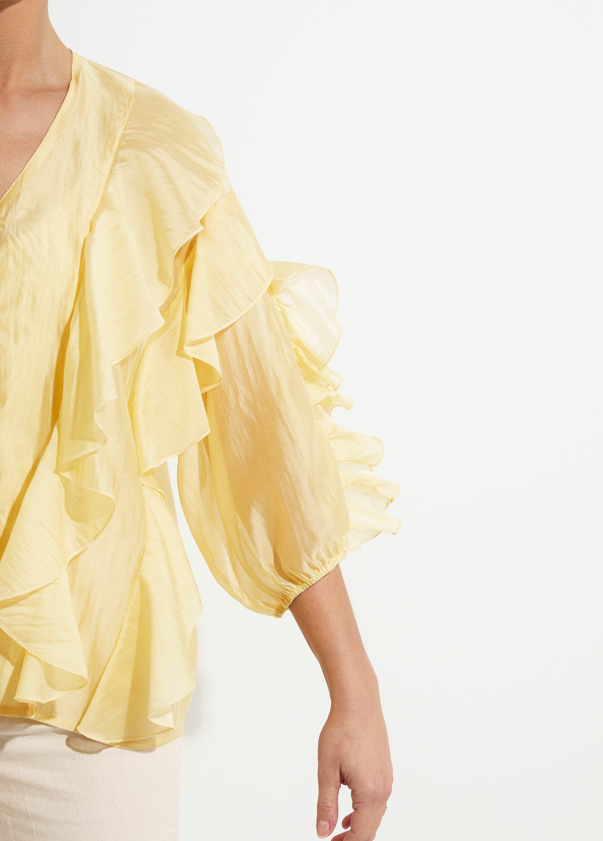 Blouse col V boutonnée à volants Femme Jaune JS-CH3610 DE1