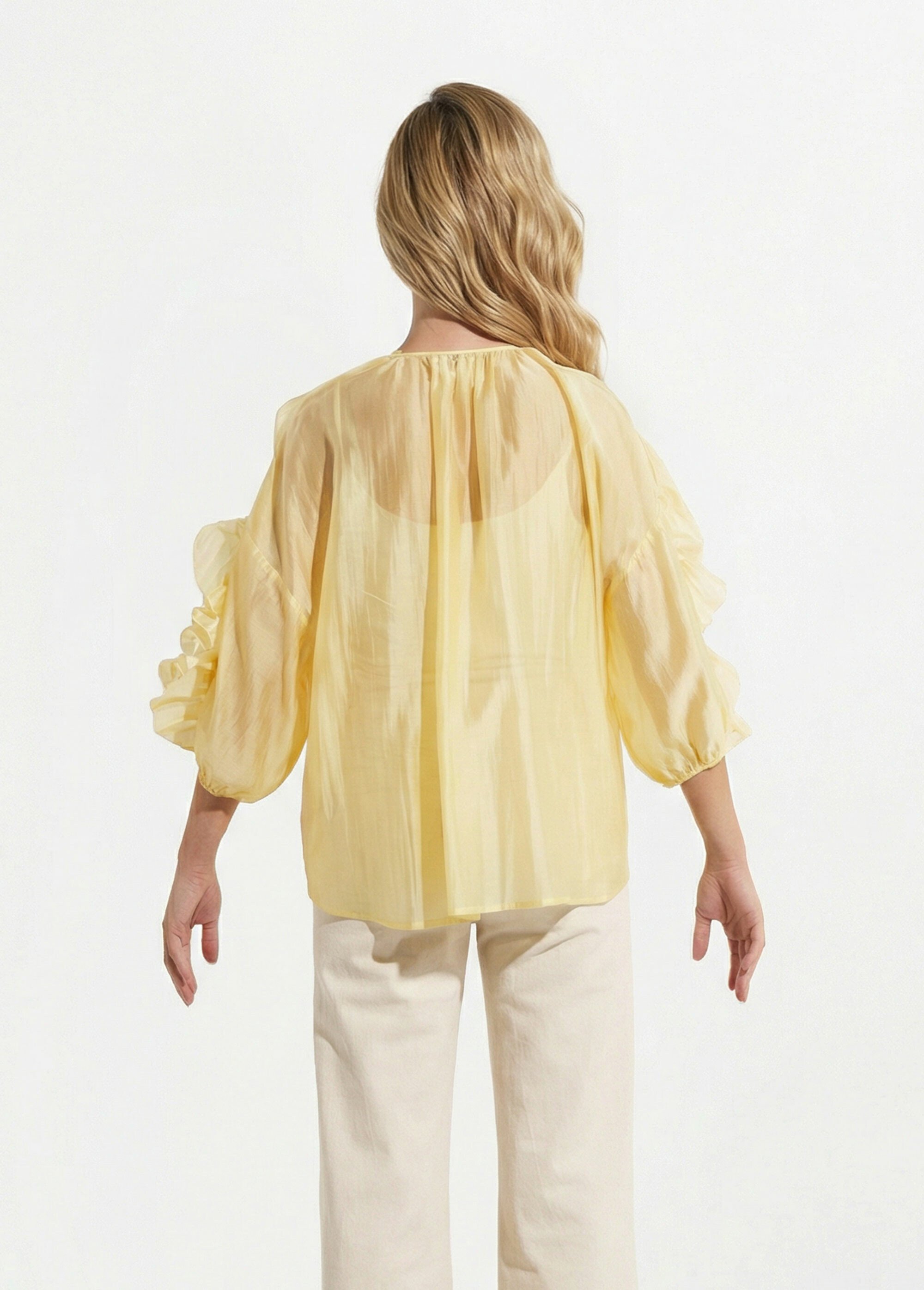 Blouse col V boutonnée à volants Femme Jaune JS-CH3610 DO1