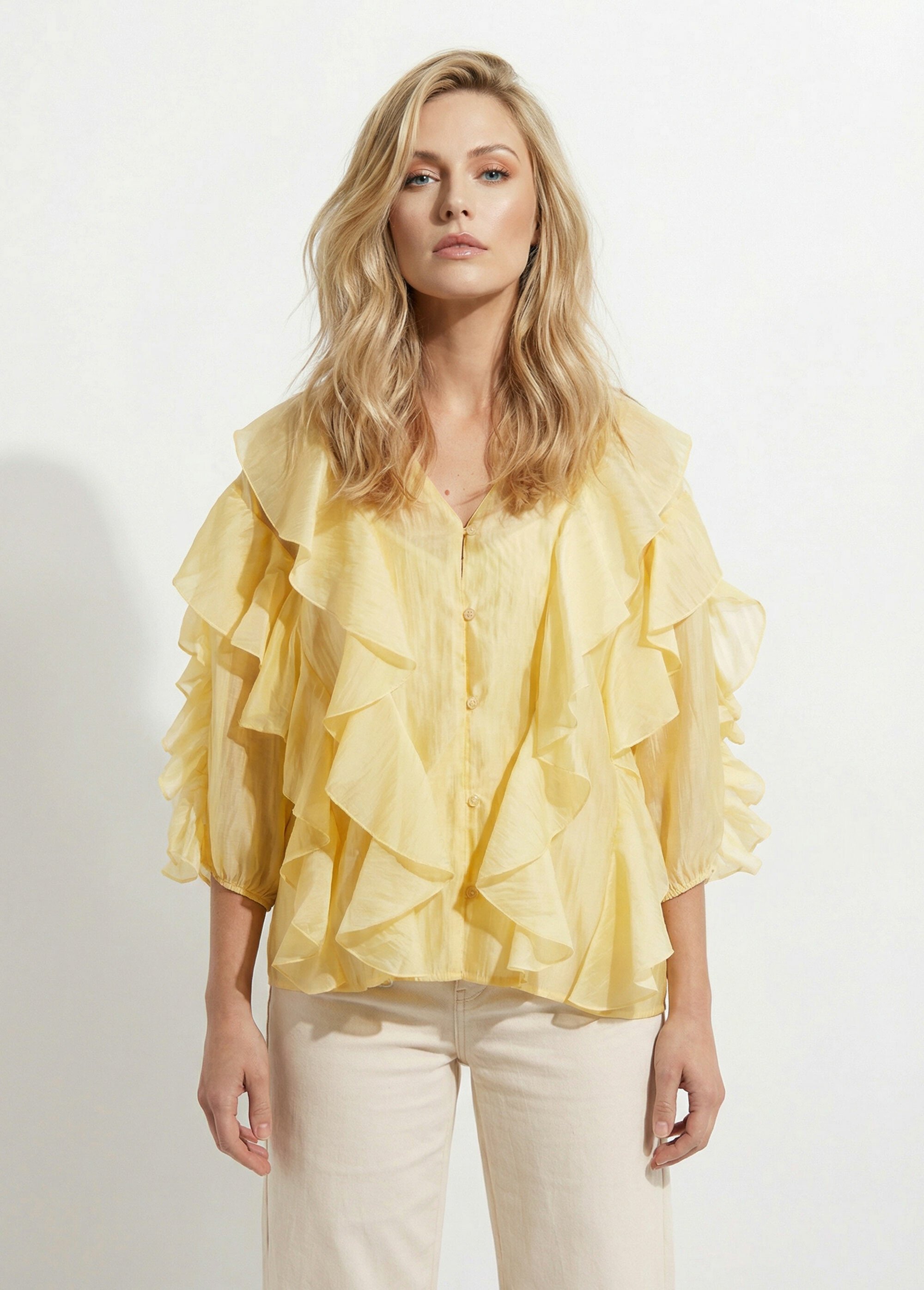 Blouse col V boutonnée à volants Femme Jaune JS-CH3610 FA1