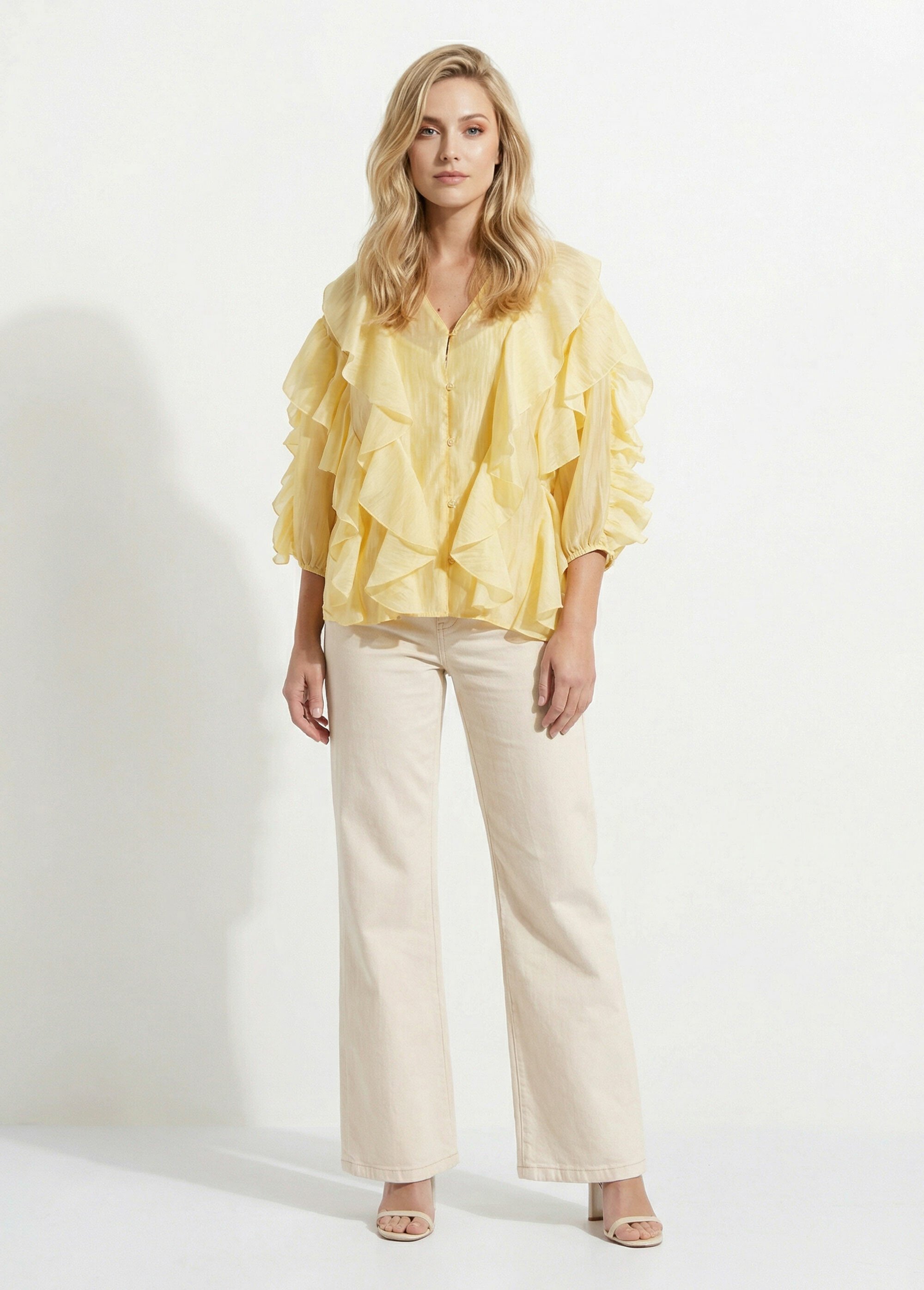 Blouse col V boutonnée à volants Femme Jaune JS-CH3610 SF1