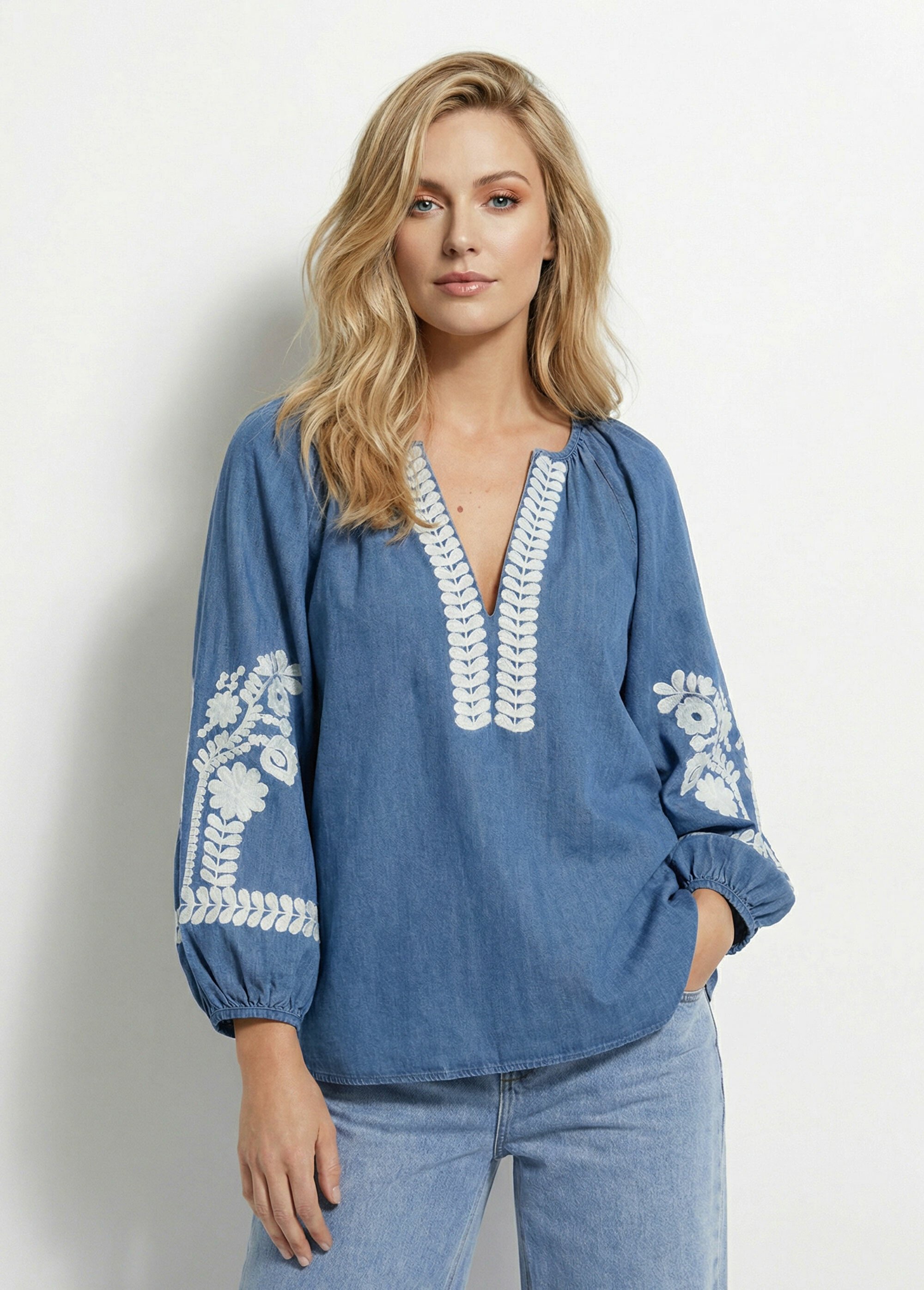 Blouse denim avec broderies fleurs Femme Bleu JS-TOP3553 FA1