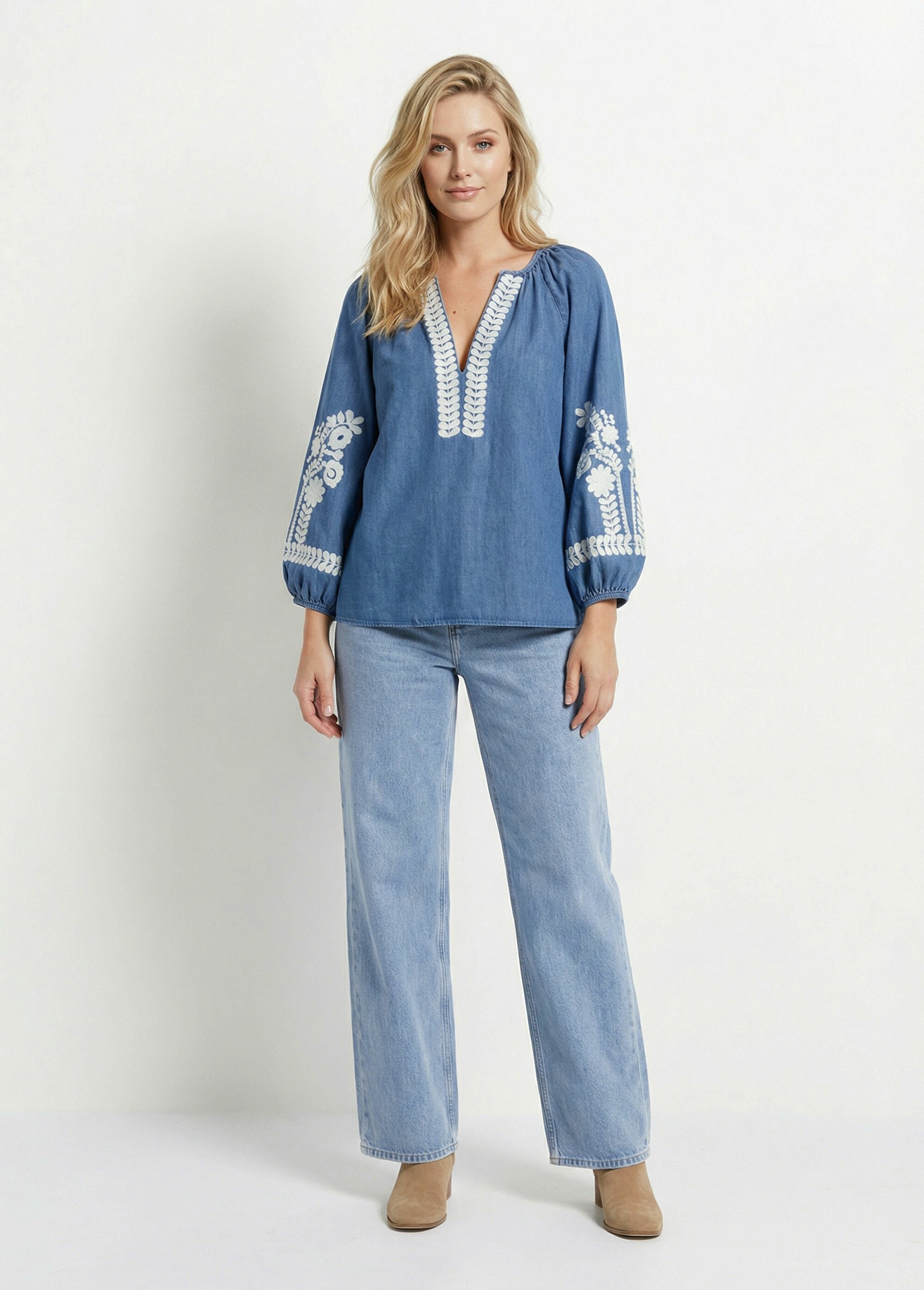 Blouse denim avec broderies fleurs Femme Bleu JS-TOP3553 SF1