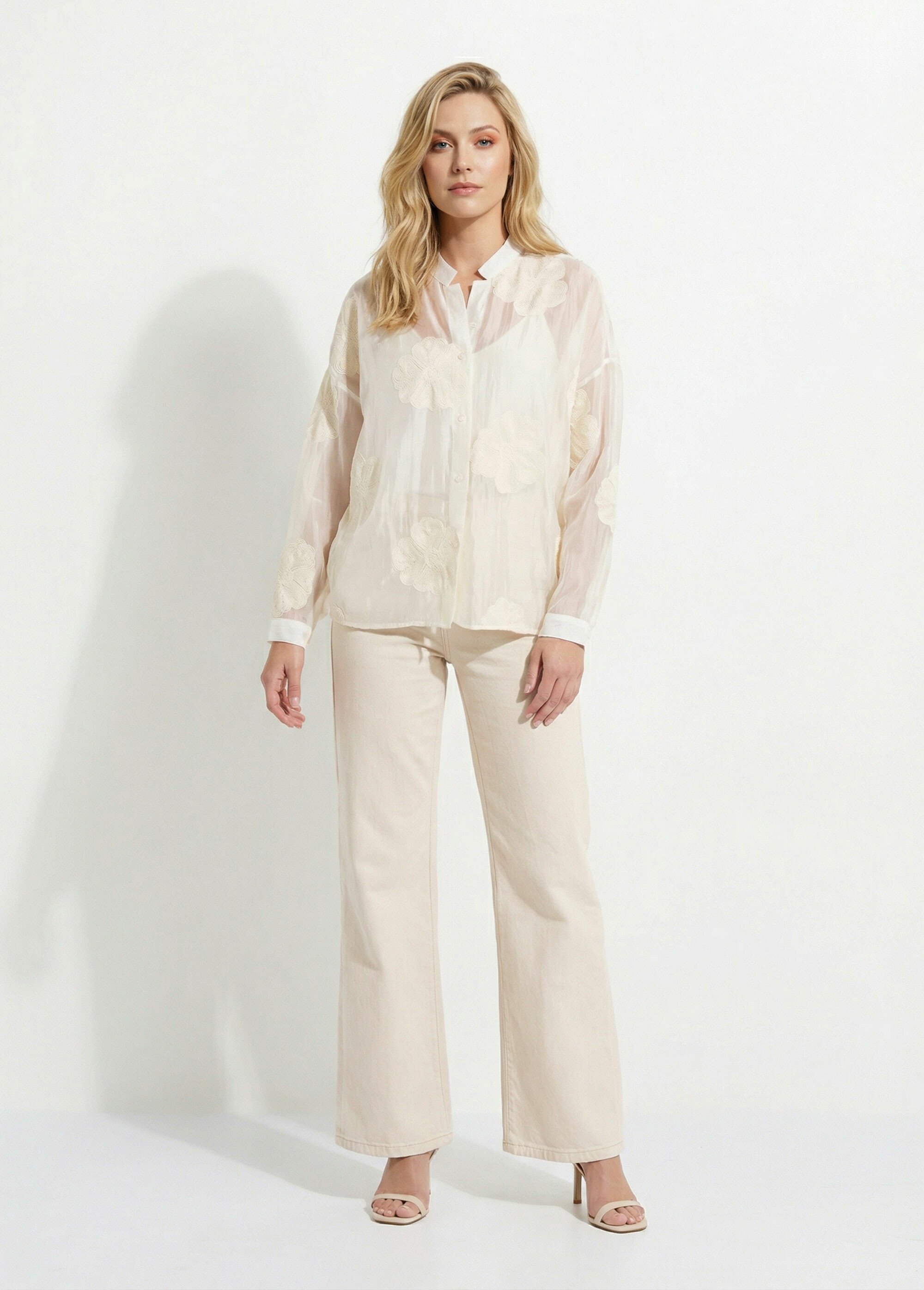 Chemisier en voile, broderies camelias Femme Blanc JS-CH3361 SF1