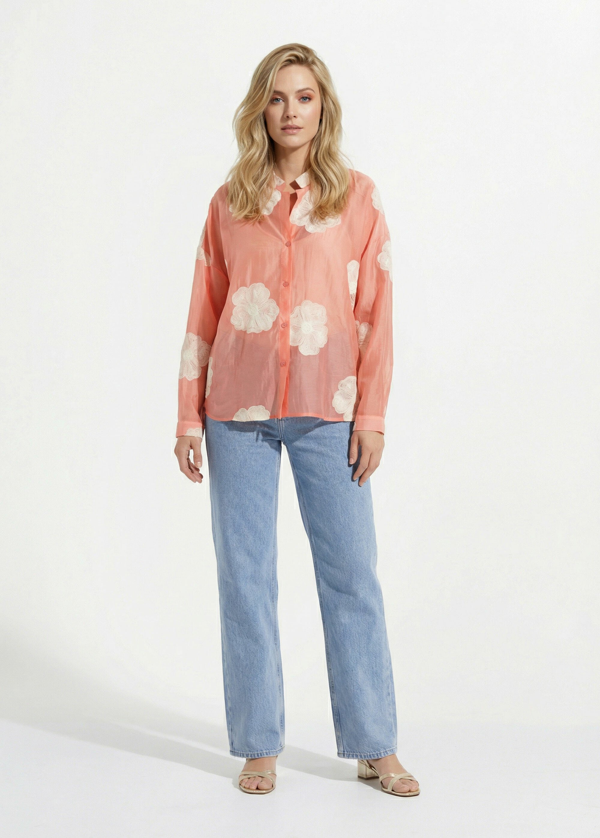 Chemisier en voile, broderies camelias Femme Rose JS-CH3361 SF1