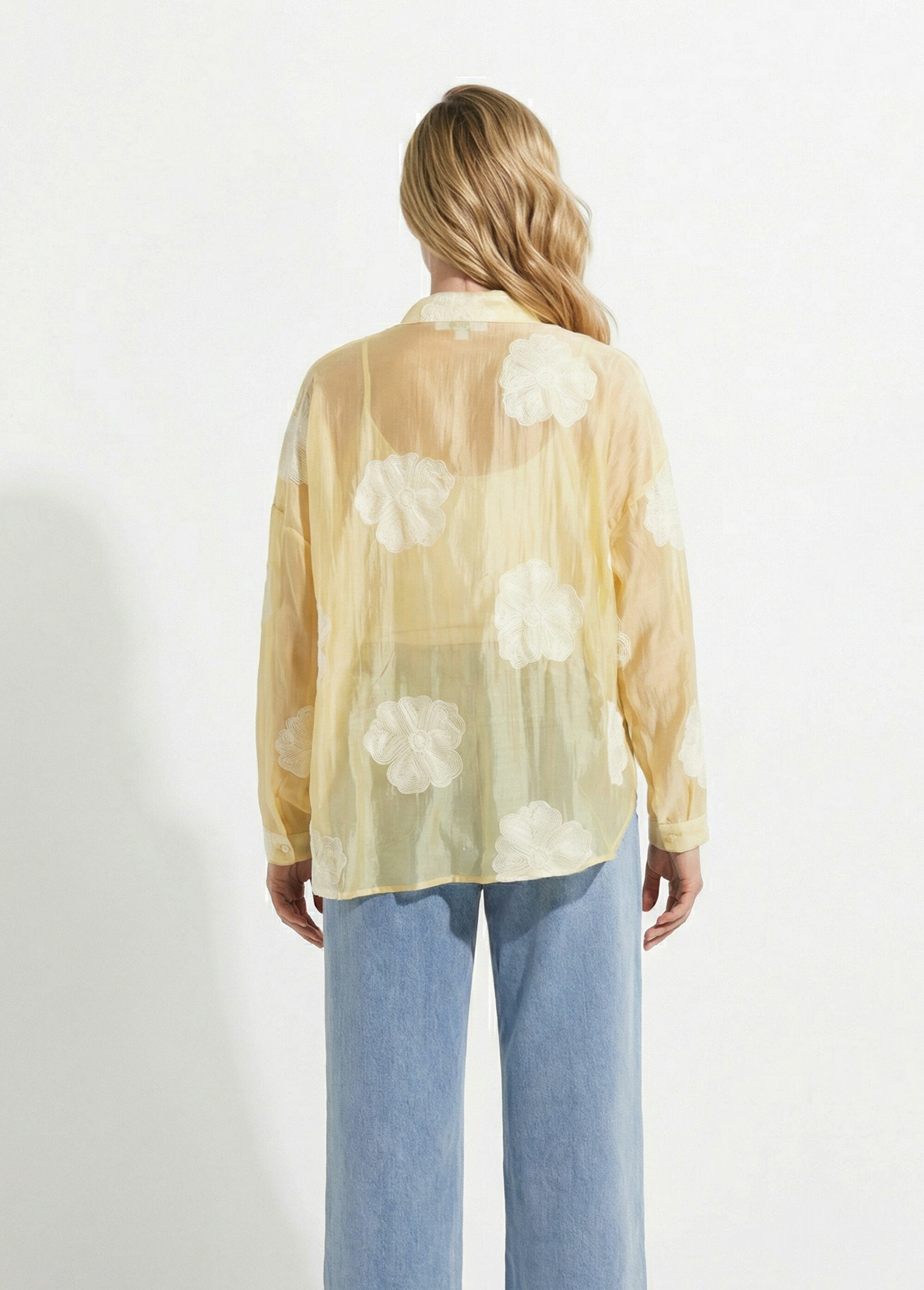 Chemisier en voile, broderies camelias Femme Jaune JS-CH3361 DO1