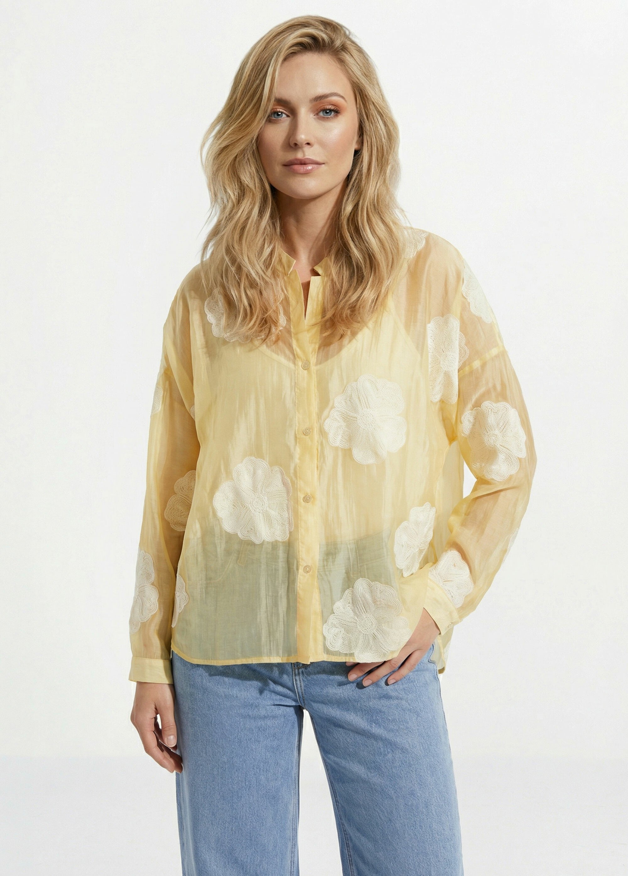 Chemisier en voile, broderies camelias Femme Jaune JS-CH3361 FA1