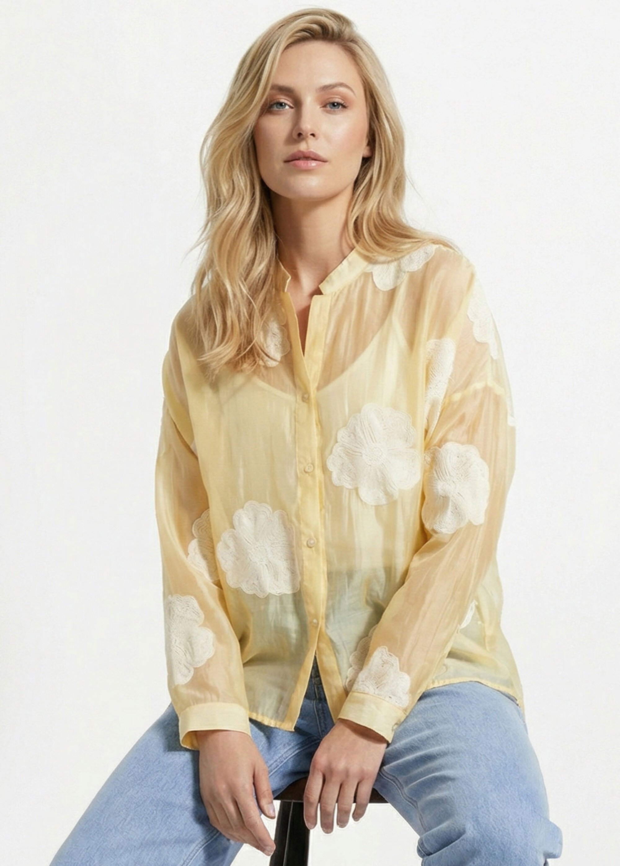 Chemisier en voile, broderies camelias Femme Jaune JS-CH3361 MV1