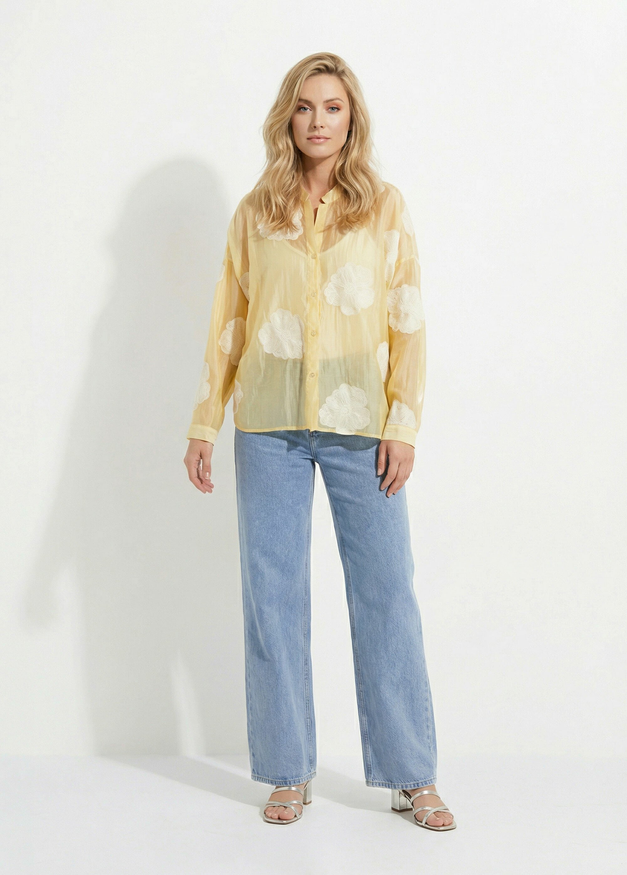 Chemisier en voile, broderies camelias Femme Jaune JS-CH3361 SF1