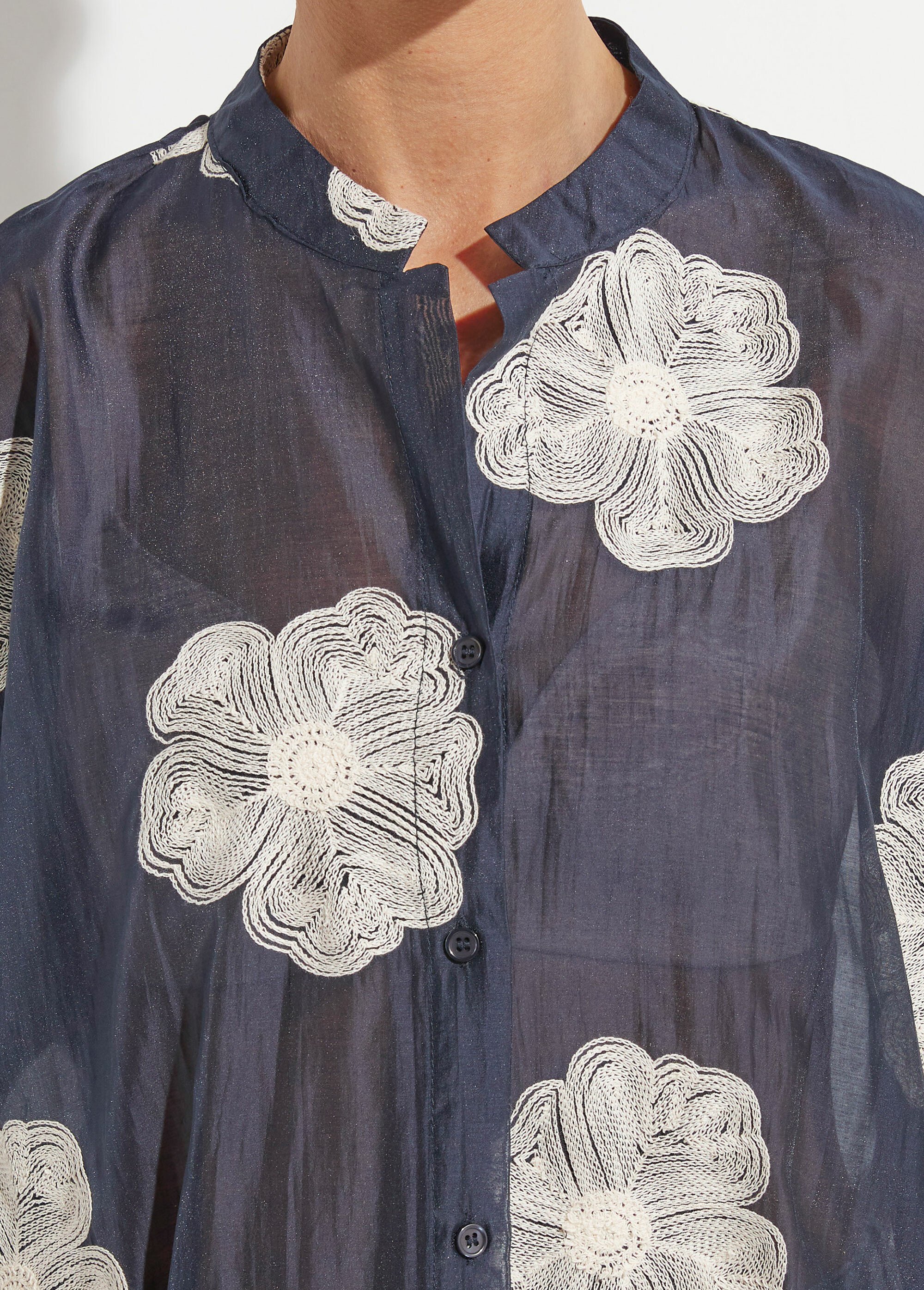 Chemisier en voile, broderies camelias Femme Bleu JS-CH3361 DE2