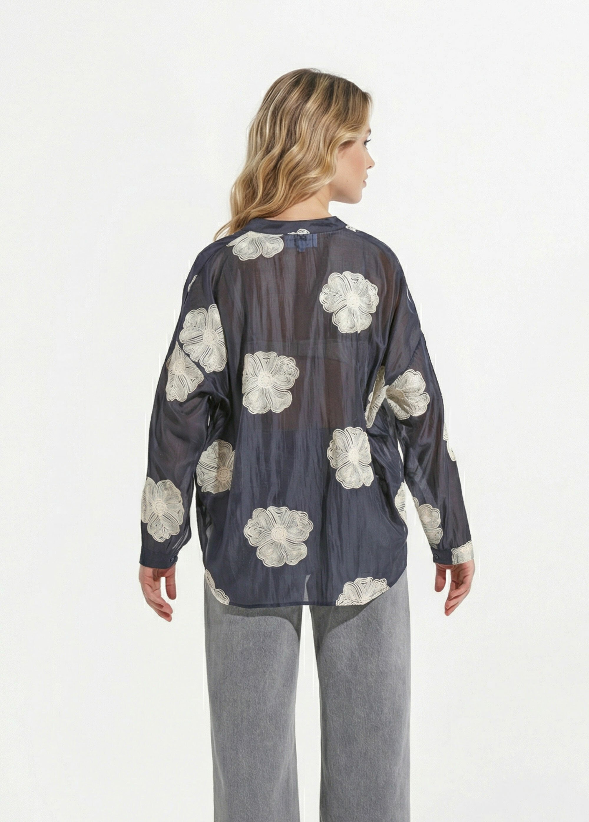 Chemisier en voile, broderies camelias Femme Bleu JS-CH3361 DO1