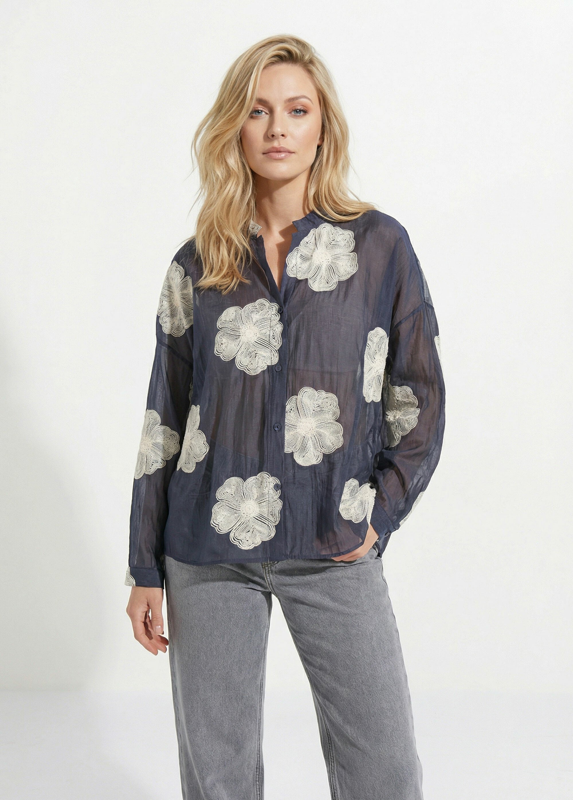 Chemisier en voile, broderies camelias Femme Bleu JS-CH3361 FA1