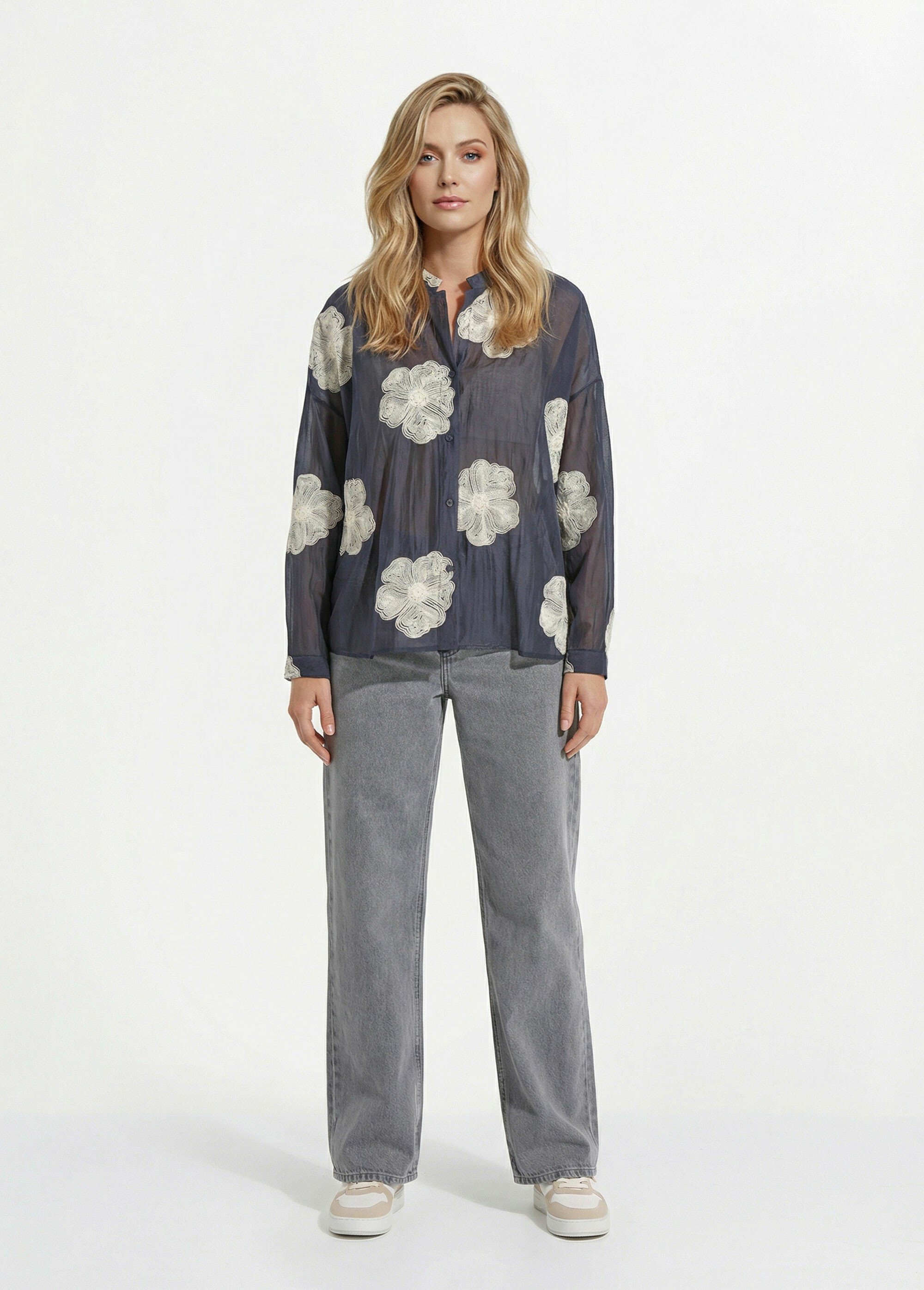 Chemisier en voile, broderies camelias Femme Bleu JS-CH3361 SF1