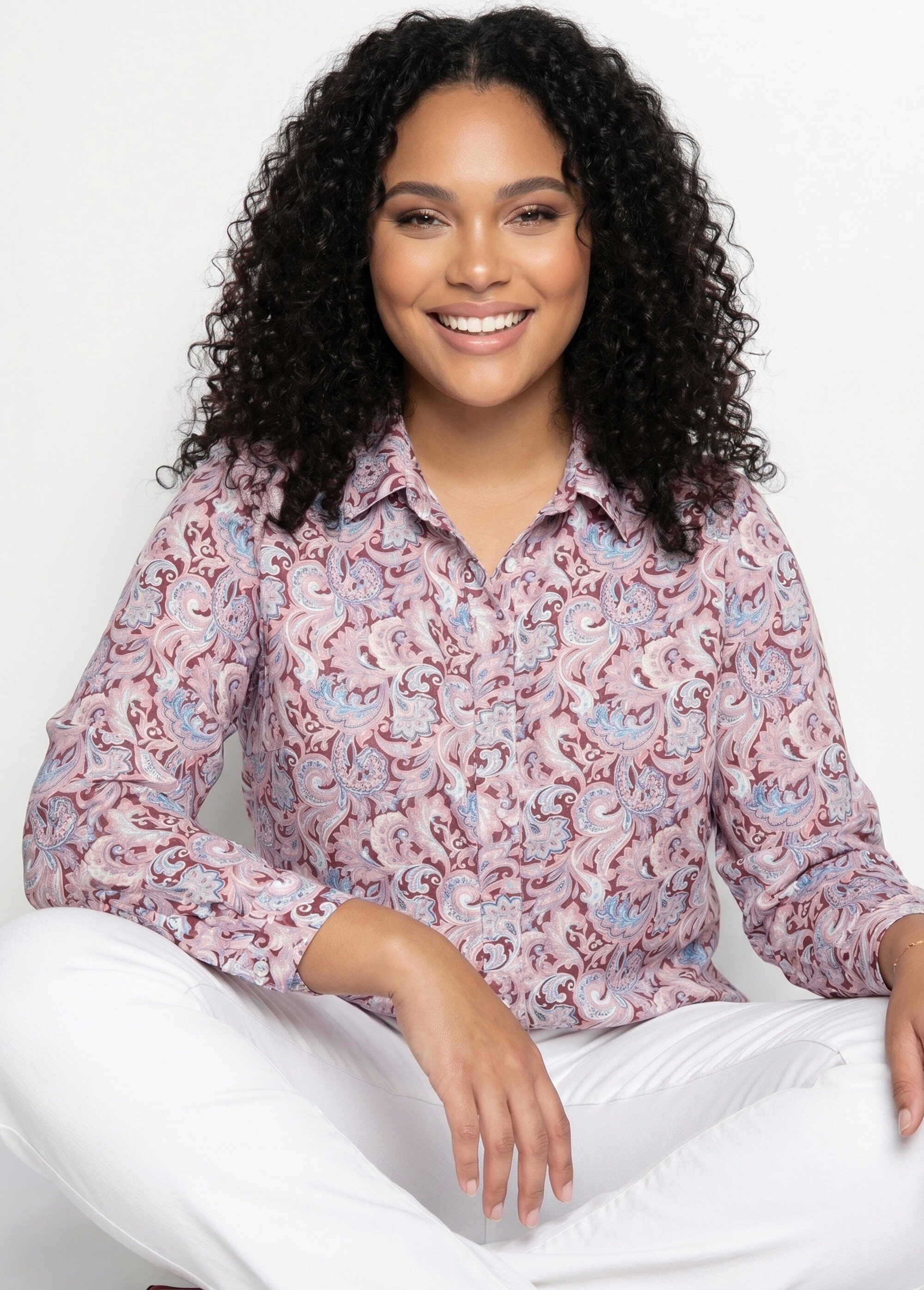 Chemisier long pressionné imprimé façon cachemire Femme Grande Taille Rouge COLMERY MV1