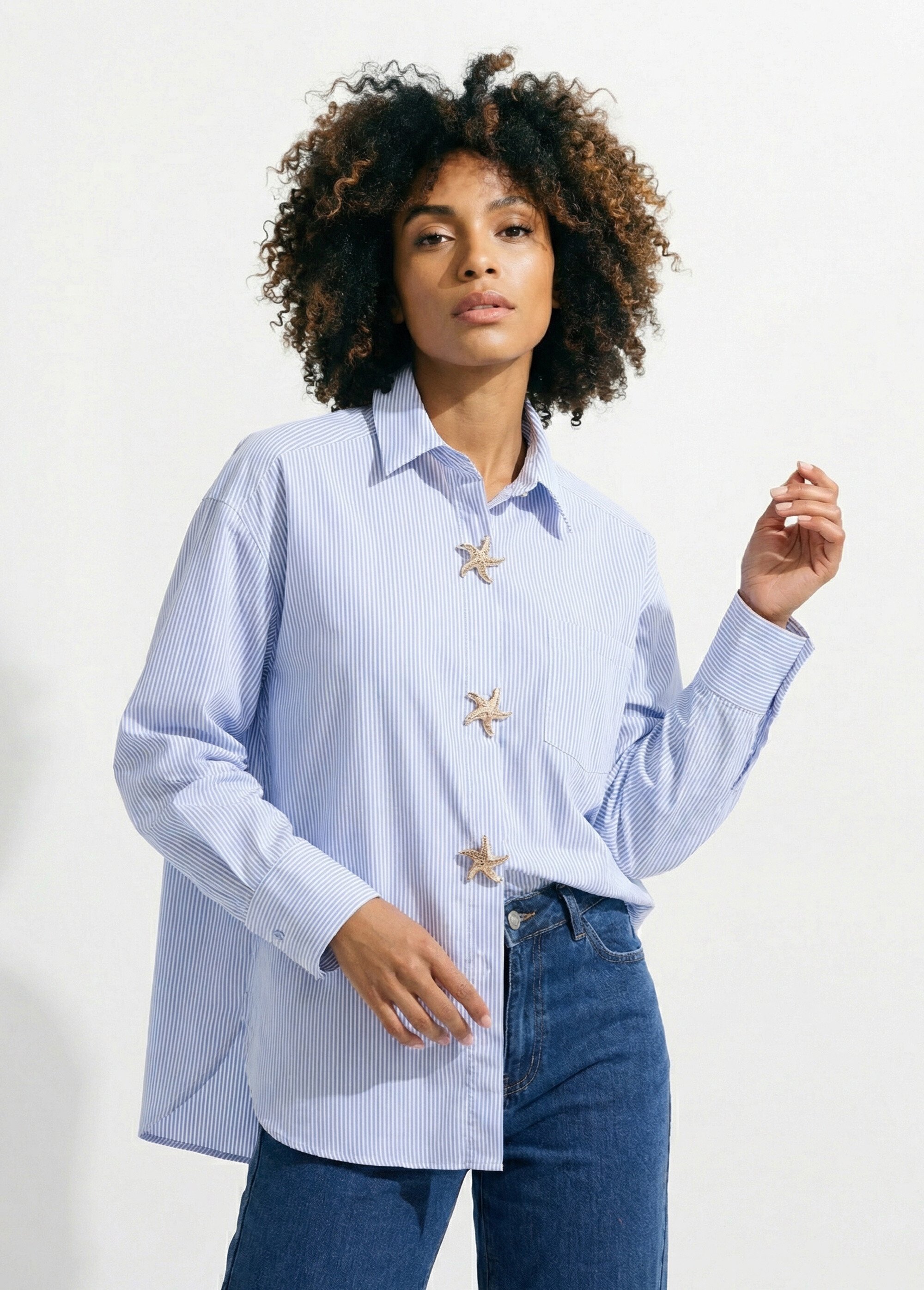 Chemisier rayé + 3 broches métal étoile Femme Bleu JS-CH5082 FA1