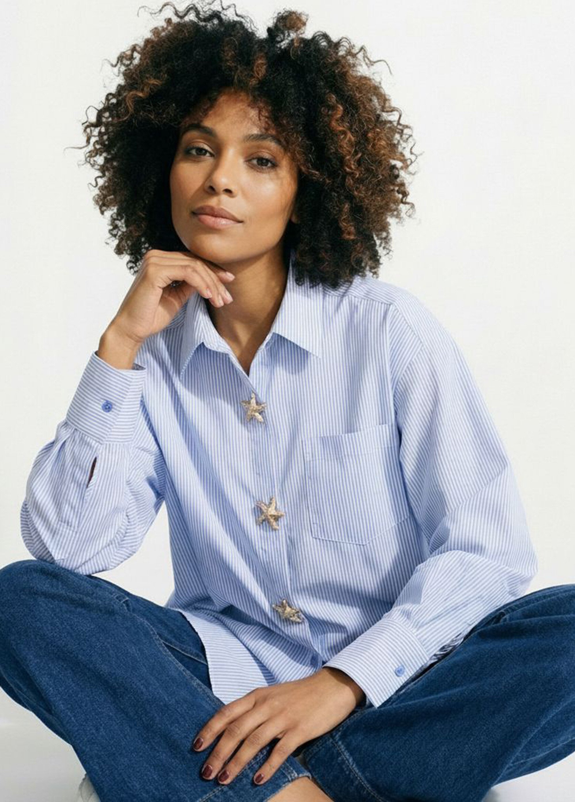 Chemisier rayé + 3 broches métal étoile Femme Bleu JS-CH5082 MV1