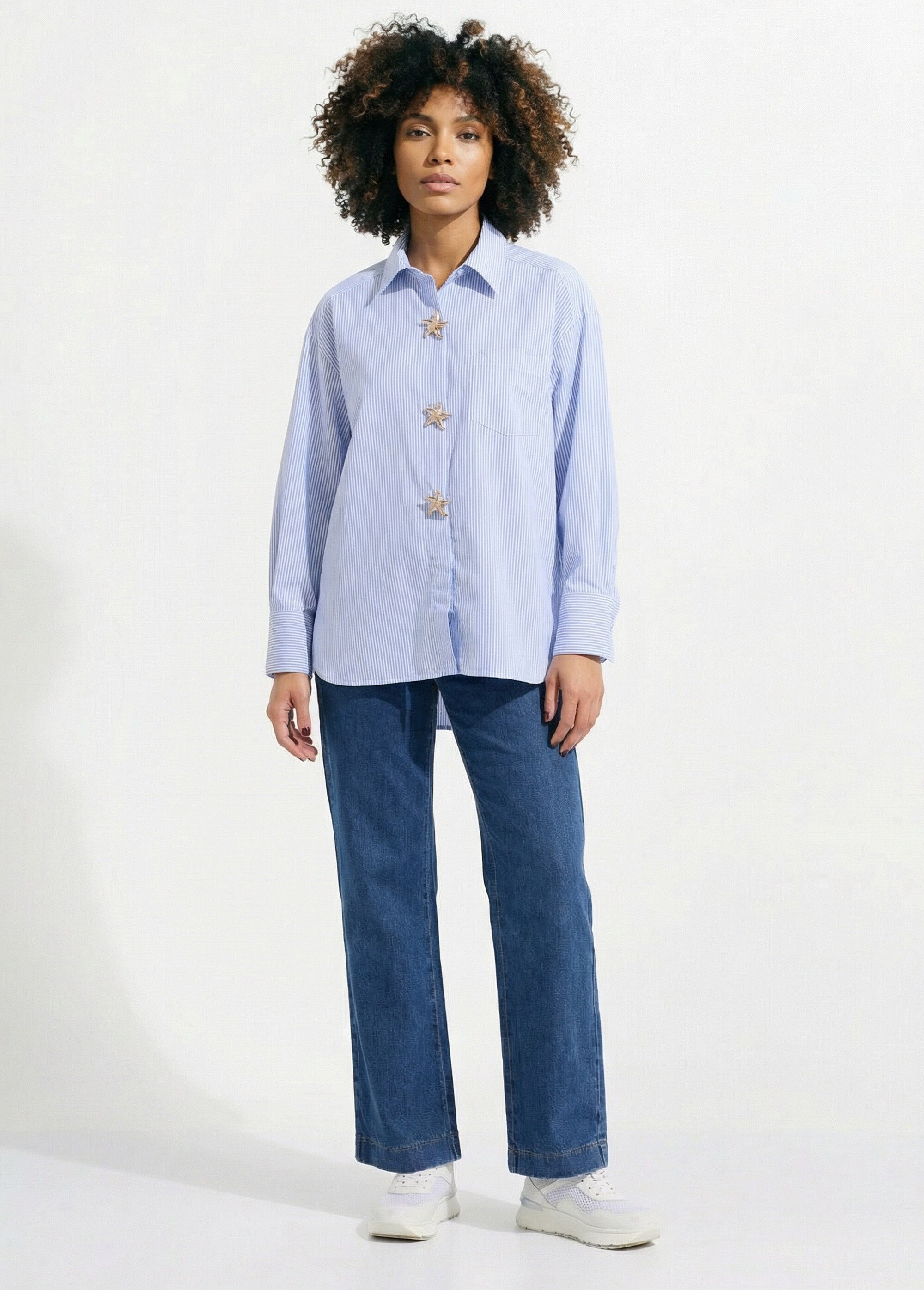 Chemisier rayé + 3 broches métal étoile Femme Bleu JS-CH5082 SF1