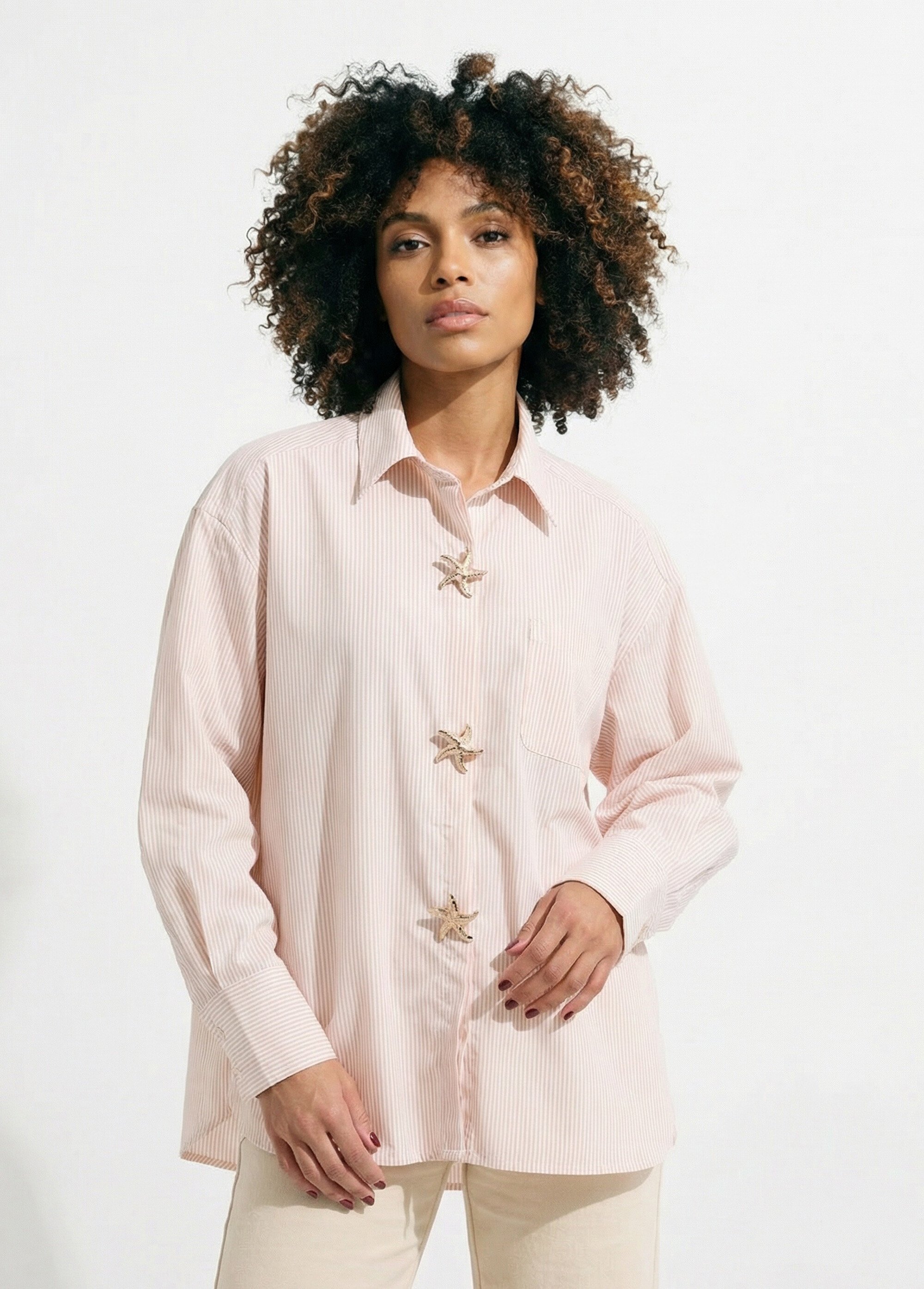 Chemisier rayé + 3 broches métal étoile Femme Beige JS-CH5082 FA1