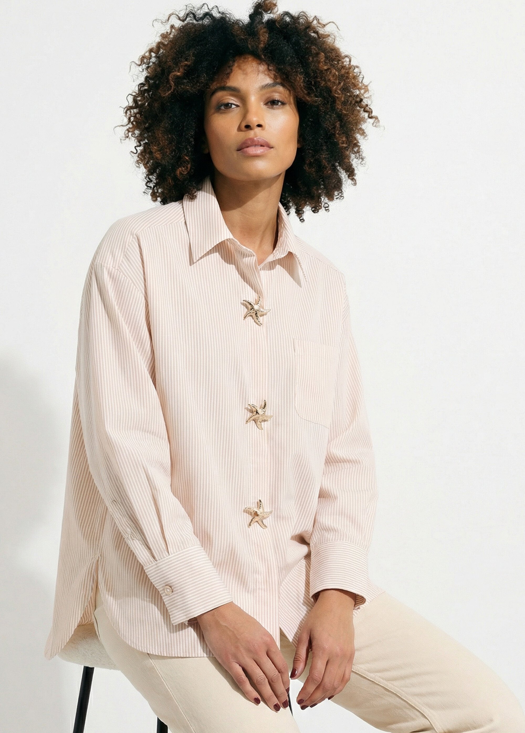 Chemisier rayé + 3 broches métal étoile Femme Beige JS-CH5082 MV1
