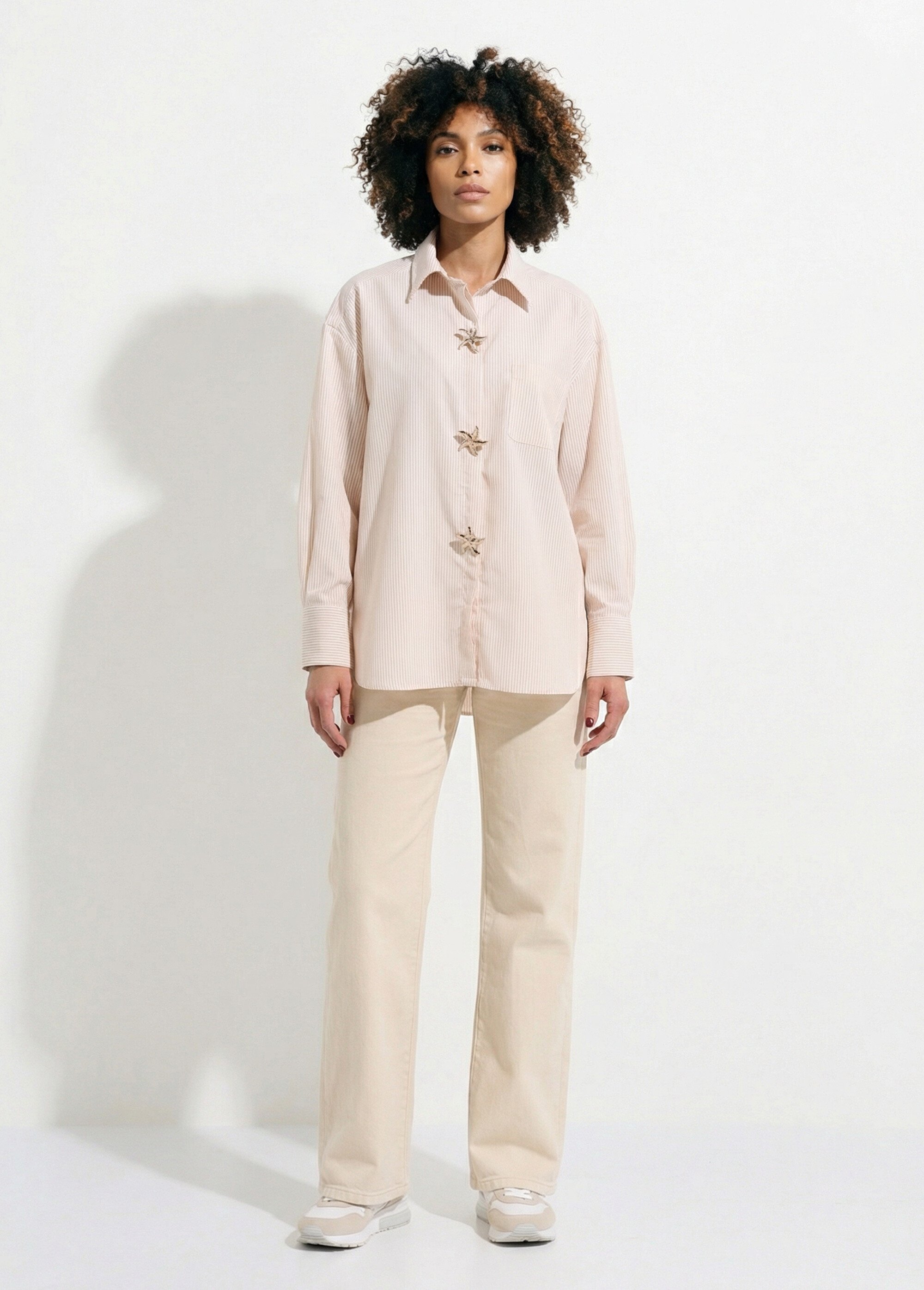 Chemisier rayé + 3 broches métal étoile Femme Beige JS-CH5082 SF1