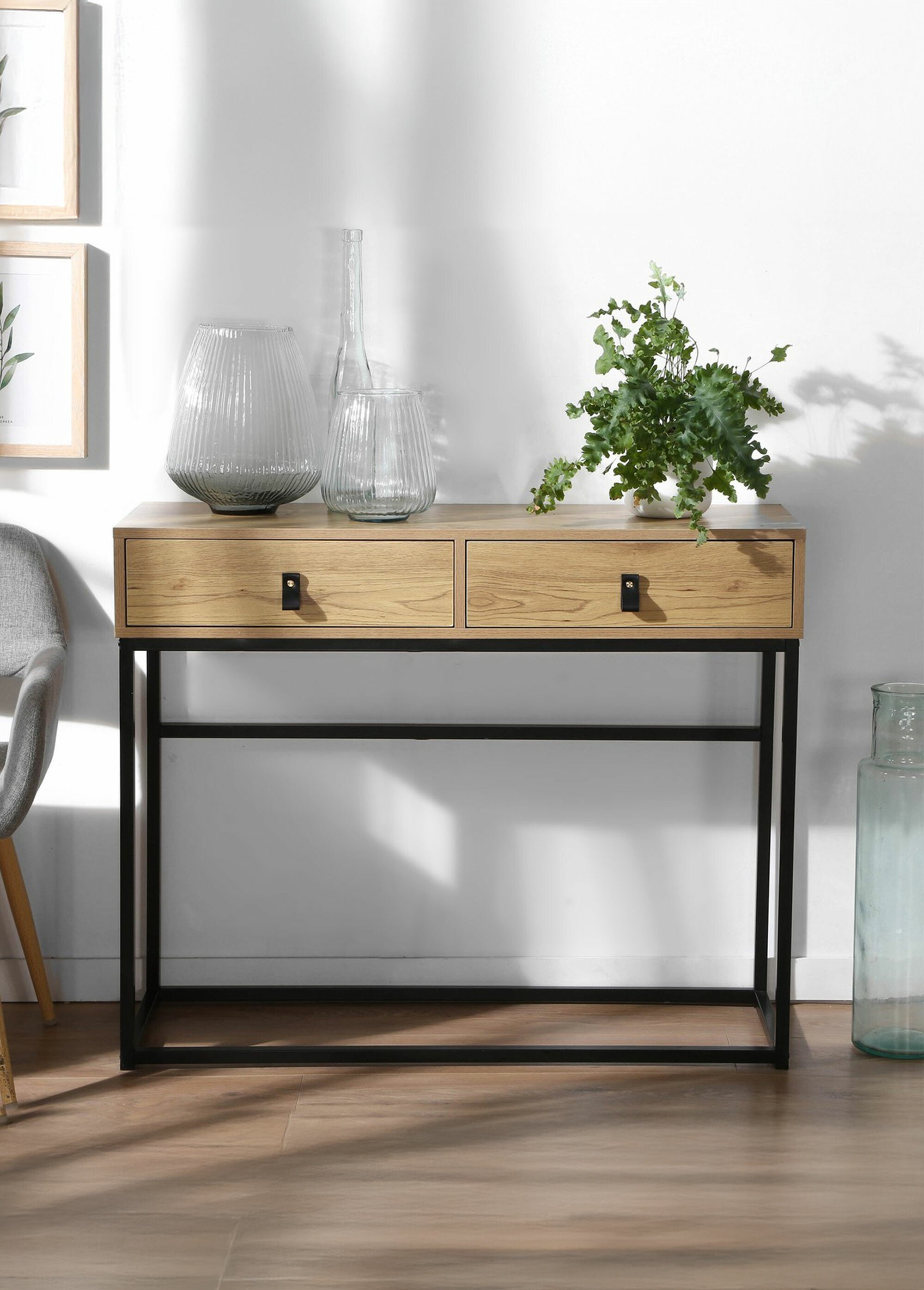 JILL Console métal 2 tiroirs effet chêne BOIS CLAIR CAL-11625133 SI1