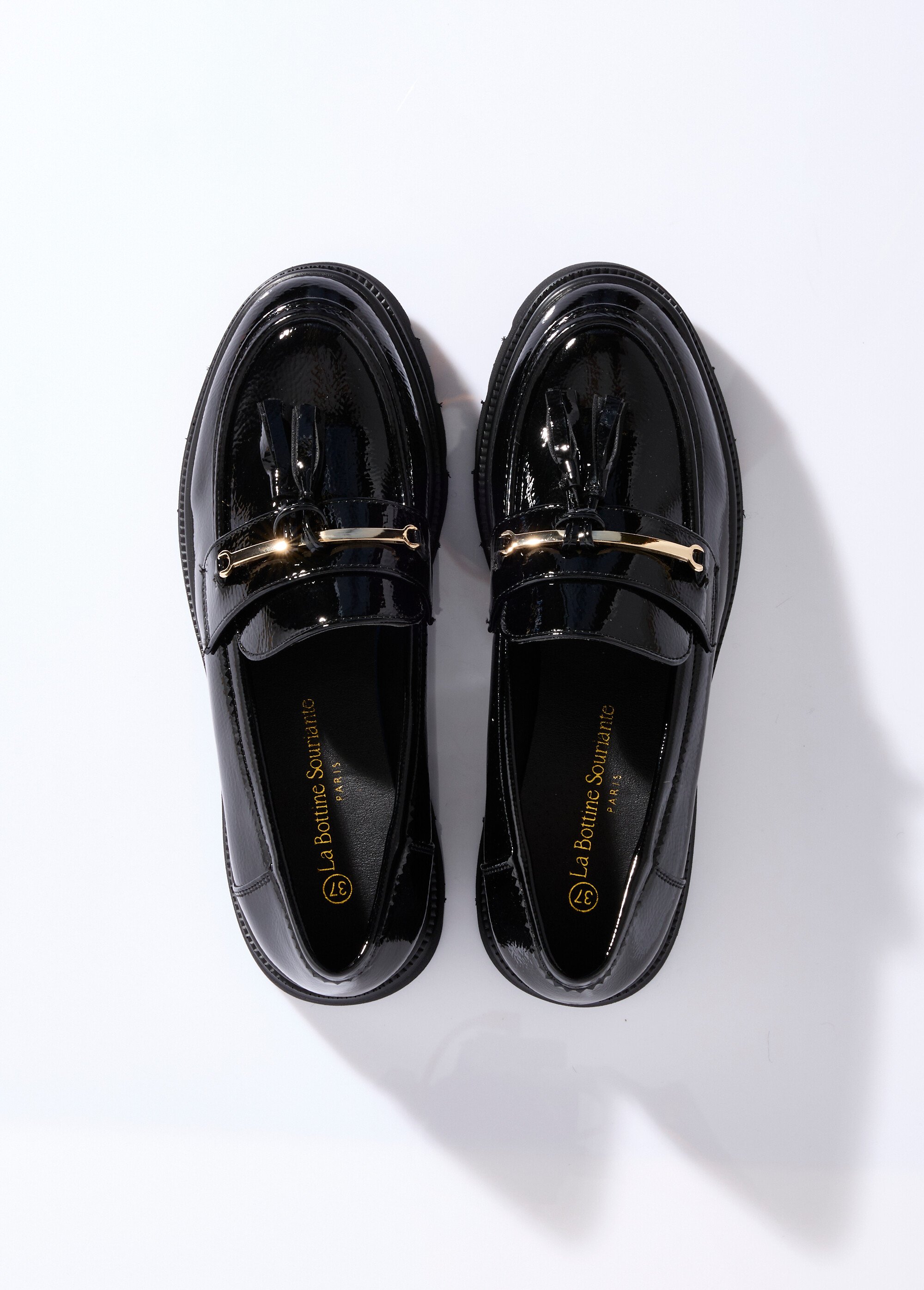 Mocassins vernis à gland, style chunky Femme Noir LBS-DMLM9656 OV1