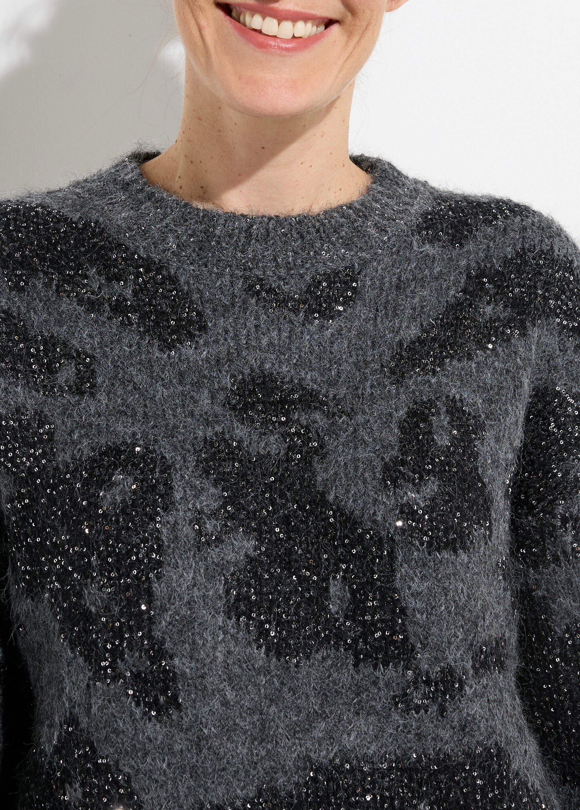 Pull col rond chaud laine et sequins Femme Gris KA-810 DE1
