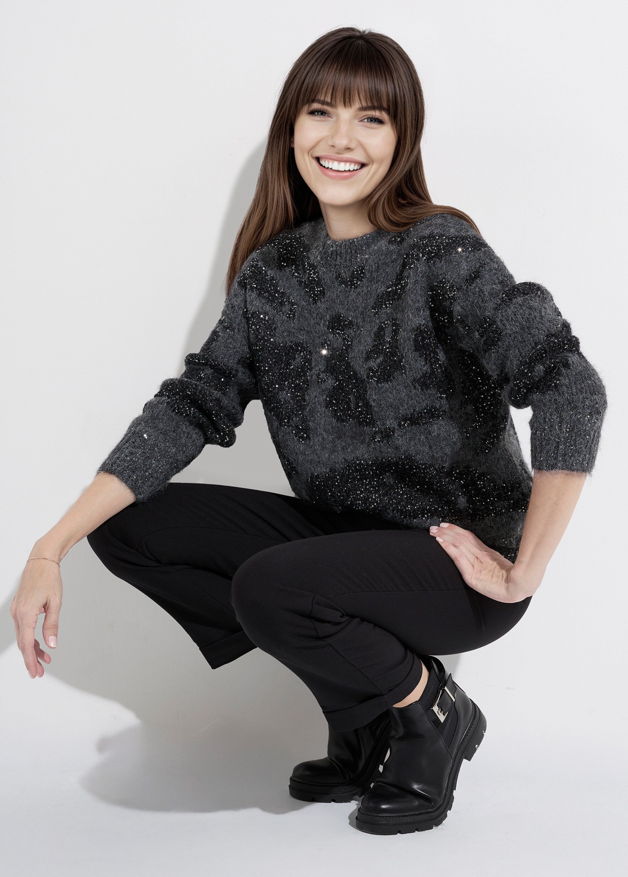 Pull col rond chaud laine et sequins Femme Gris KA-810 MV1