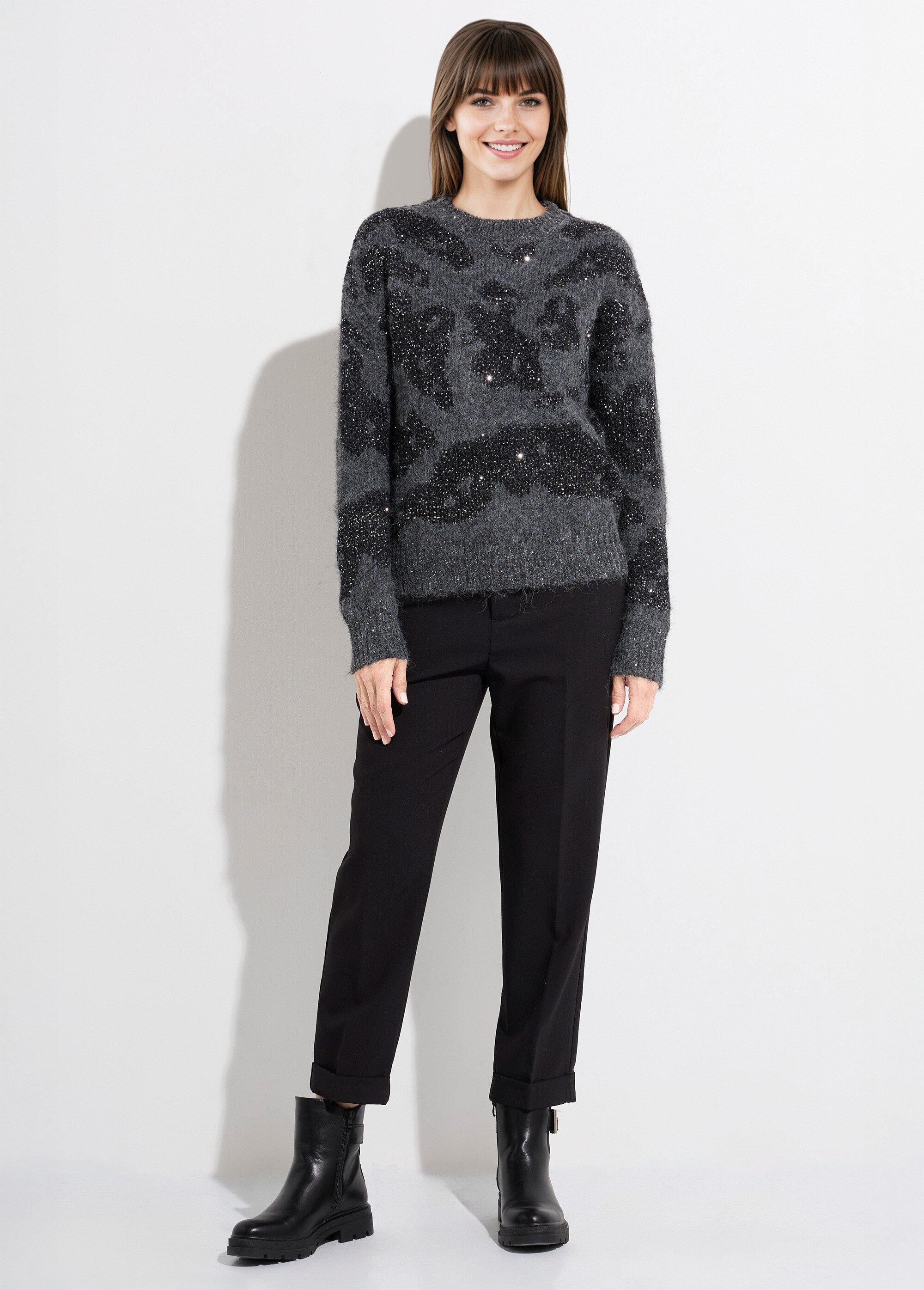 Pull col rond chaud laine et sequins Femme Gris KA-810 SF1