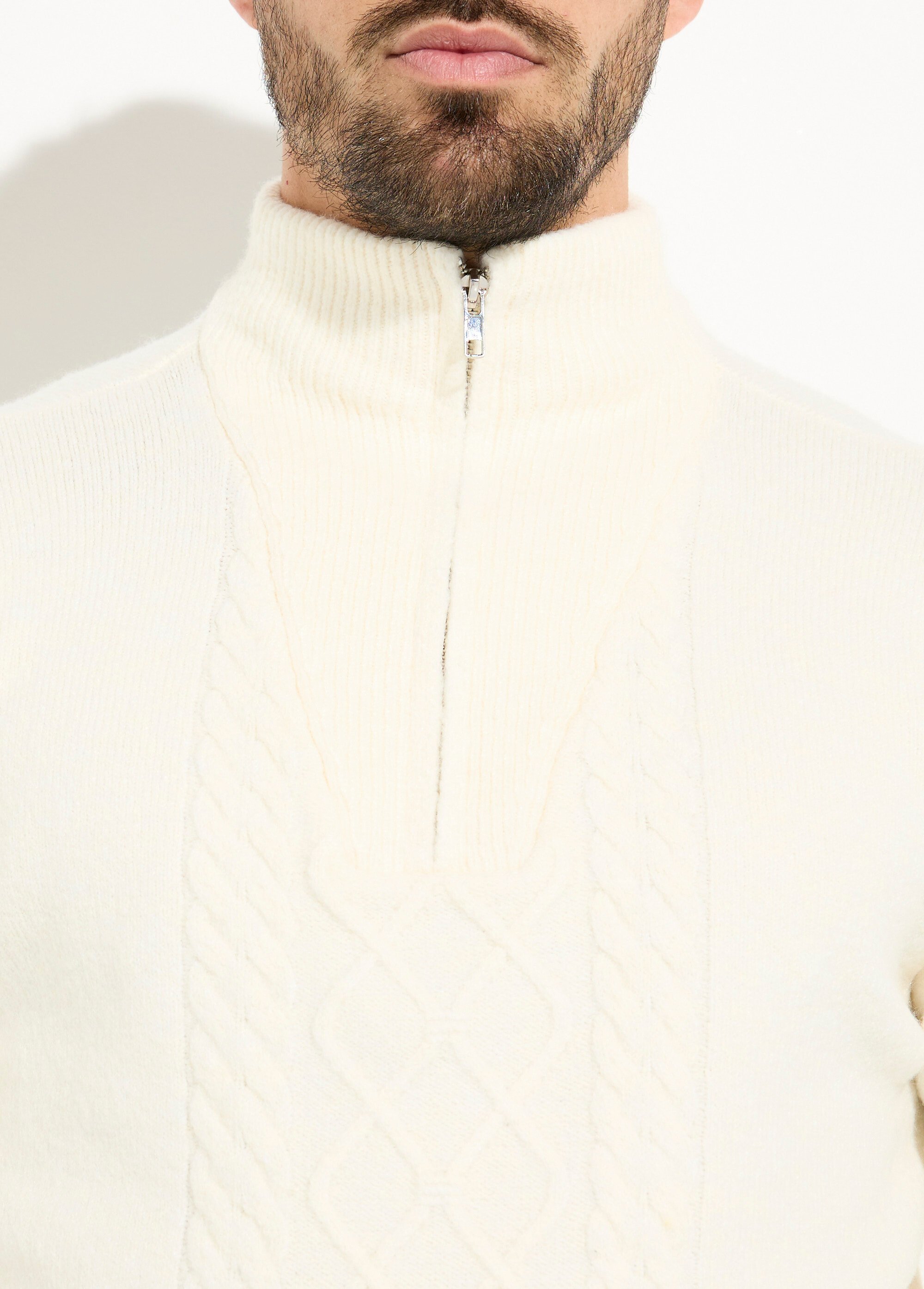 Pull col zippé camionneur chaud avec laine Homme Beige FRICF6509 DE1