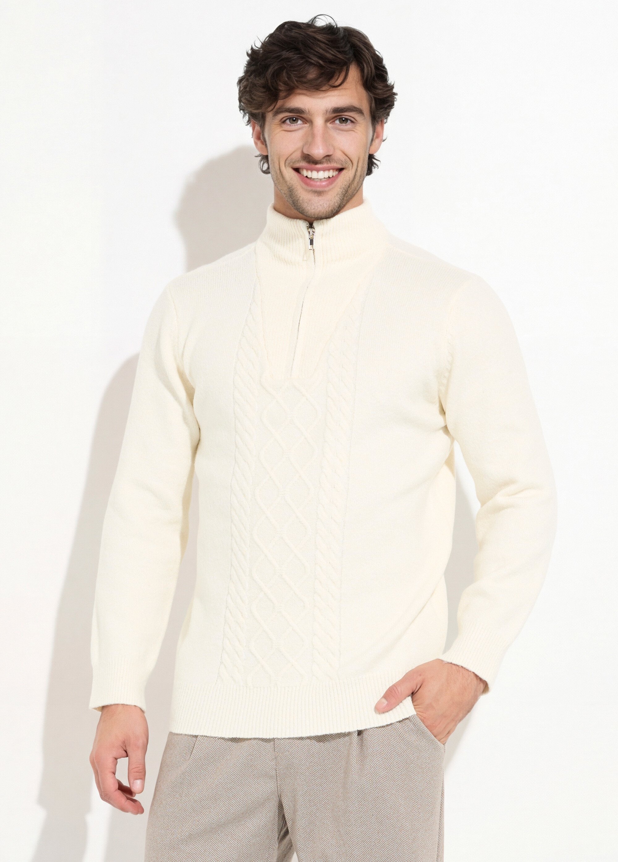 Pull col zippé camionneur chaud avec laine Homme Beige FRICF6509 FA1