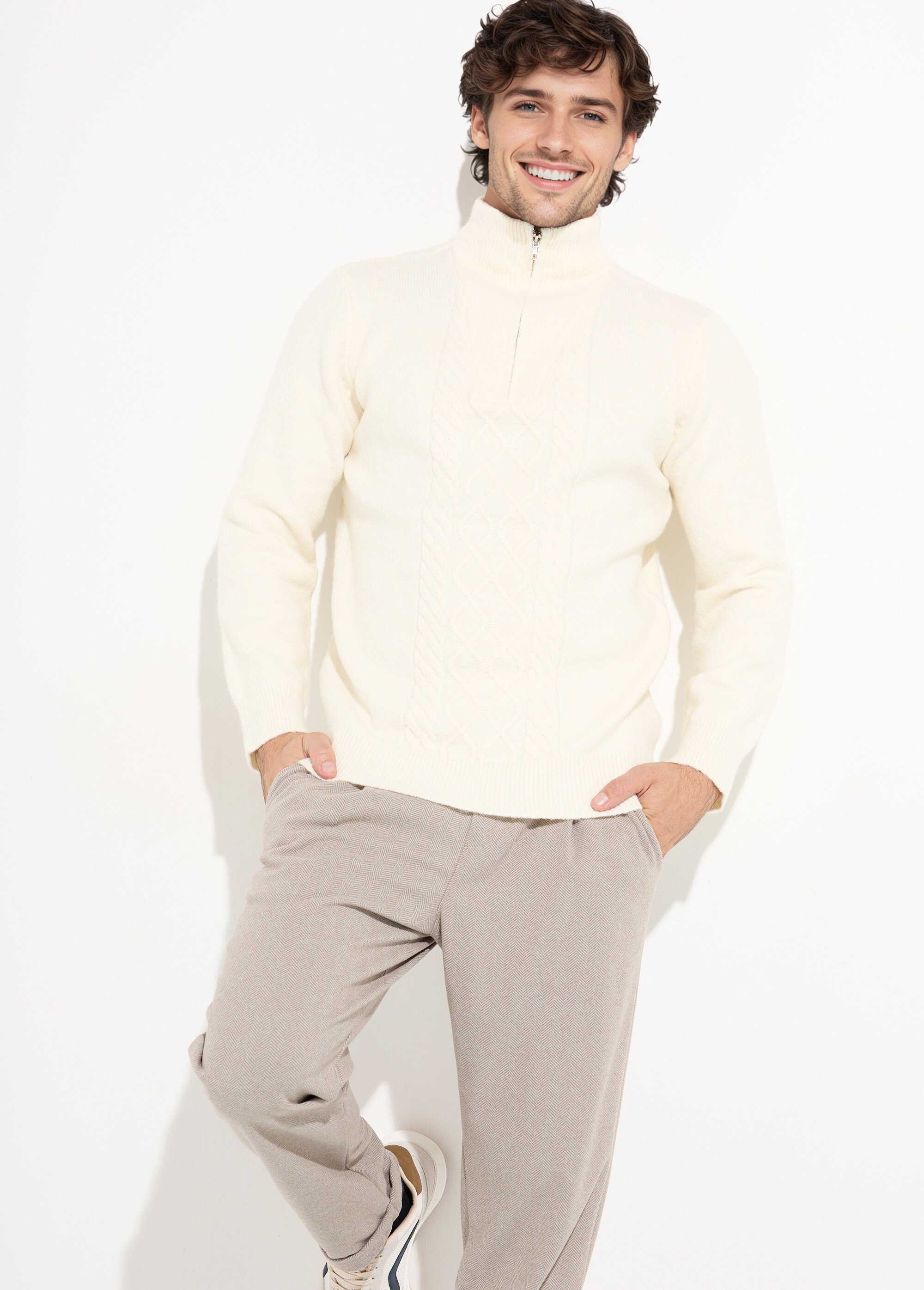 Pull col zippé camionneur chaud avec laine Homme Beige FRICF6509 MV1