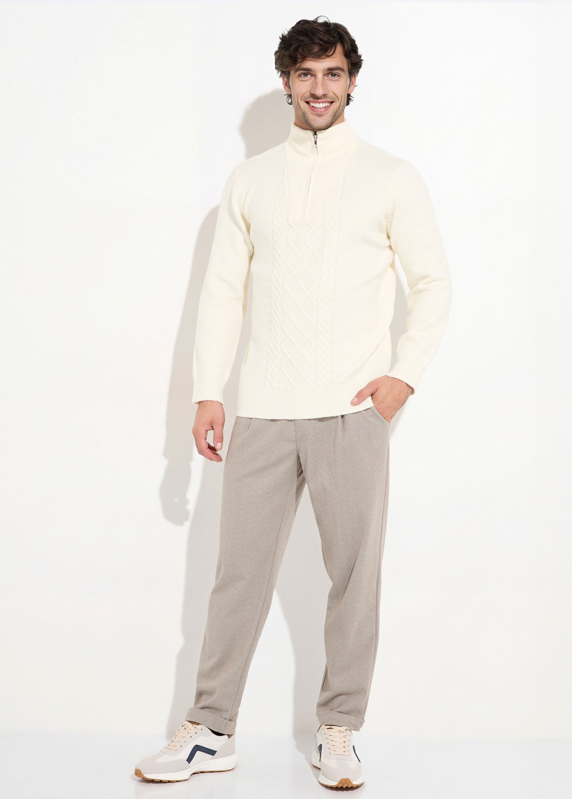 Pull col zippé camionneur chaud avec laine Homme Beige FRICF6509 SF1