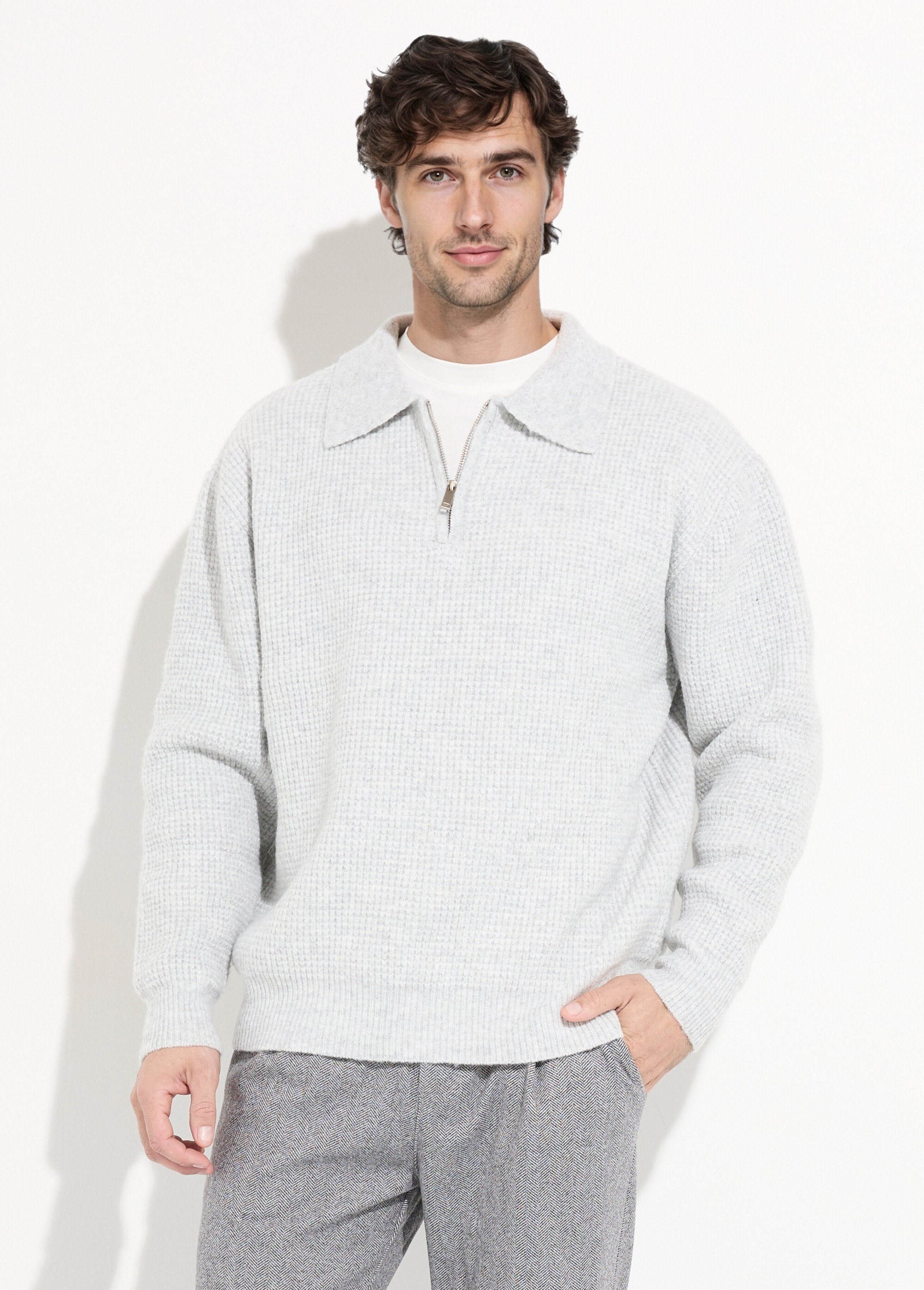 Pull col zippé chaud avec laine Homme Gris FRICFD2004 FA1