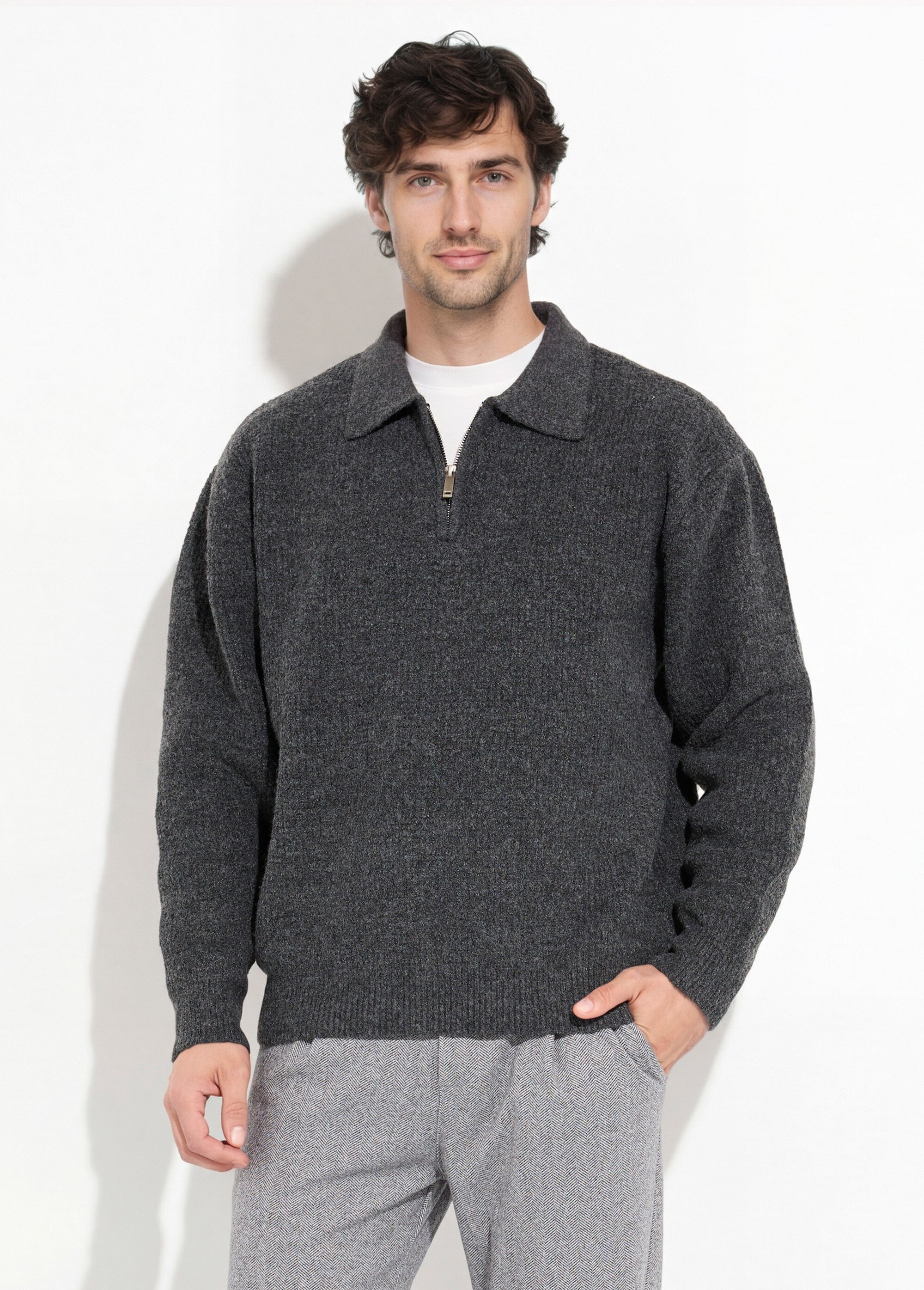 Pull col zippé chaud avec laine Homme Gris FRICFD2004 FA1