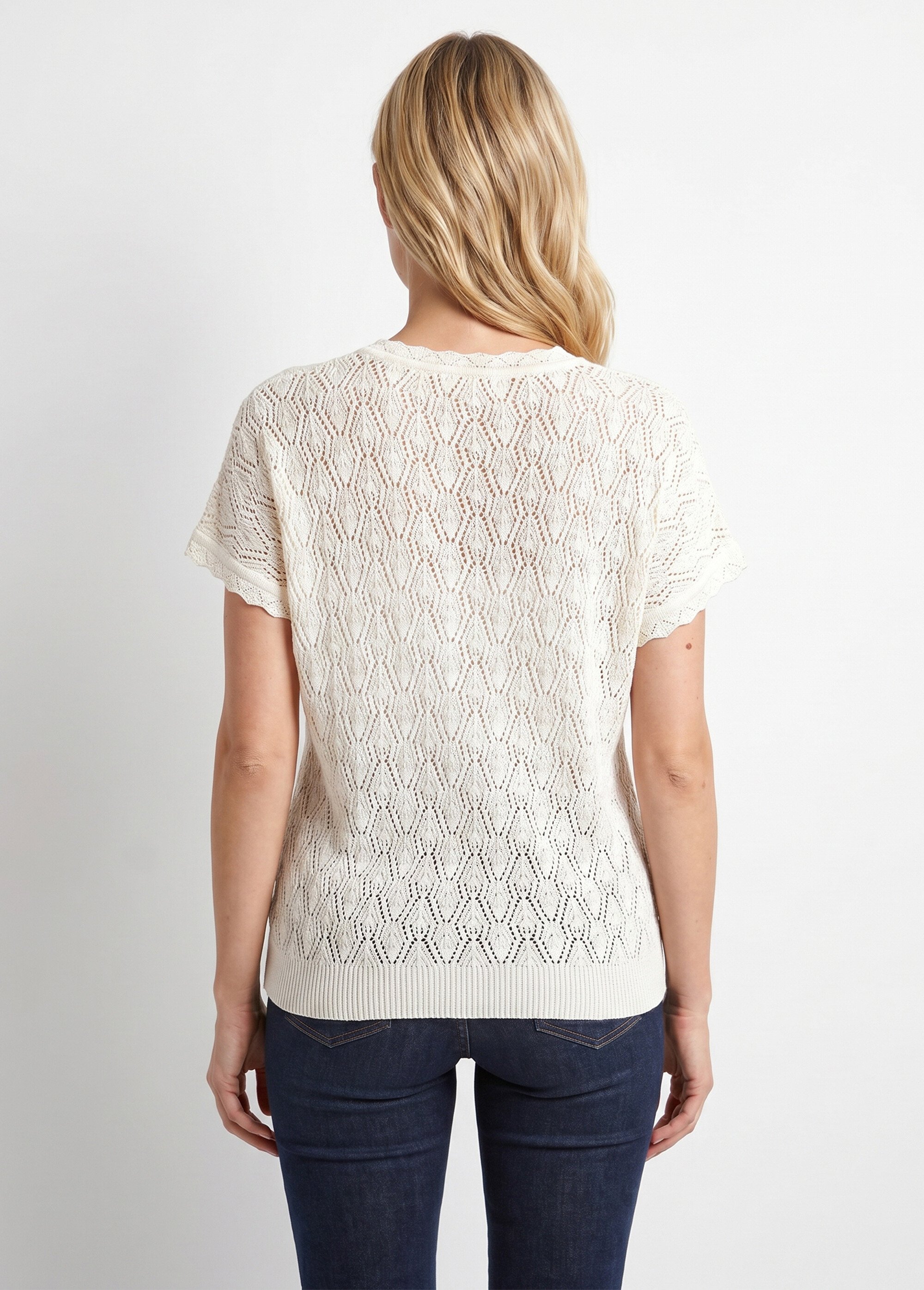 Pull coton court col rond ajouré effet crochet Femme Beige MATIS DO1