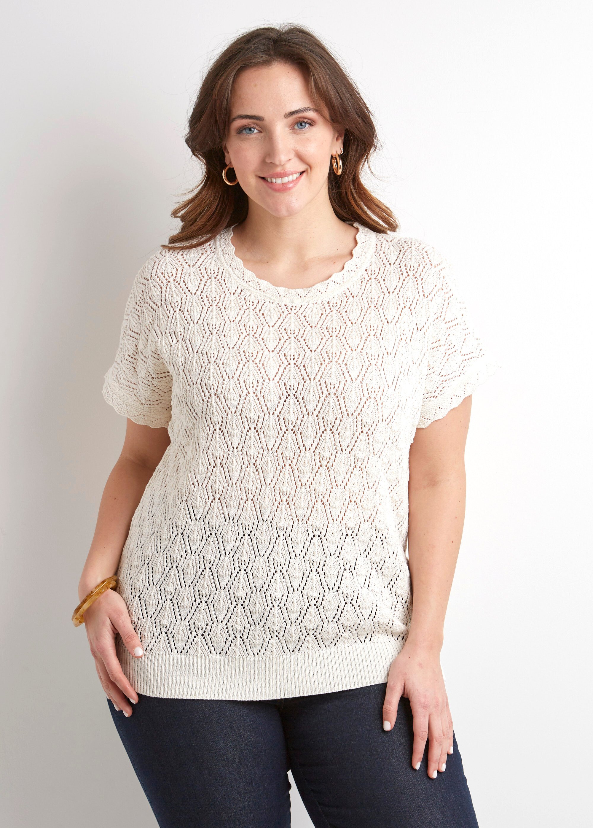 Pull coton court col rond ajouré effet crochet