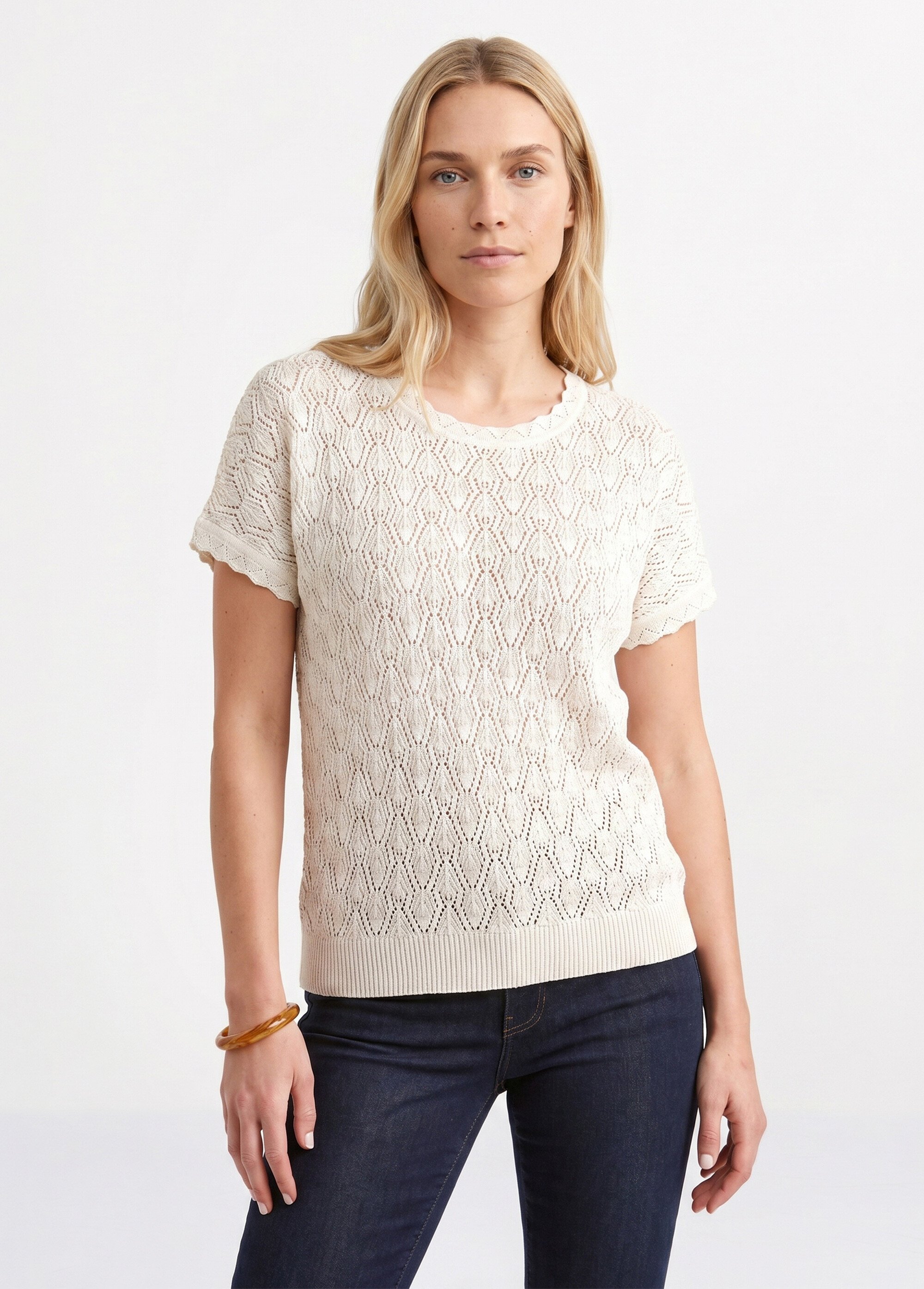 Pull coton court col rond ajouré effet crochet Femme Beige MATIS FA1