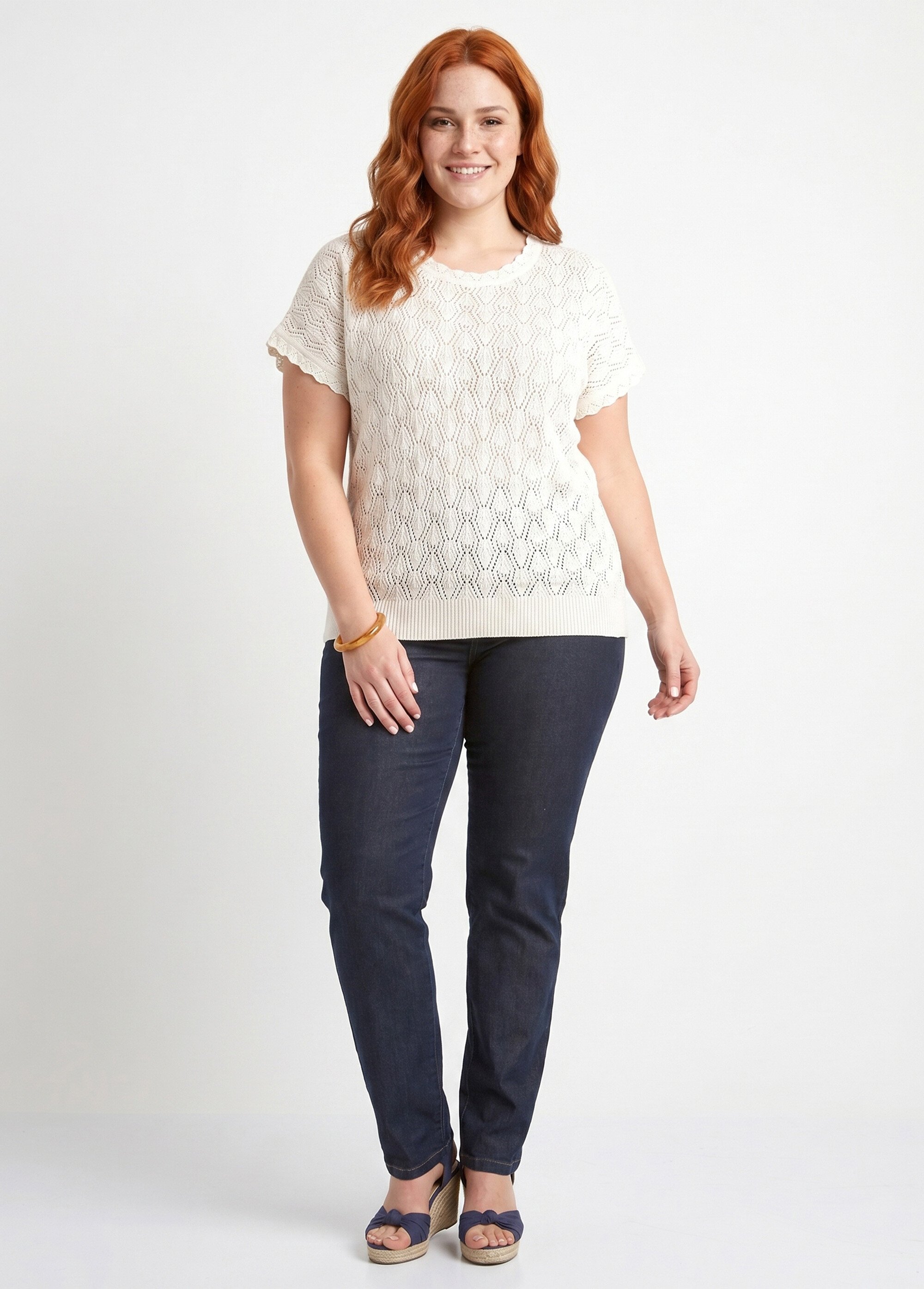 Pull coton court col rond ajouré effet crochet Femme Grande Taille Beige MATIS SI1
