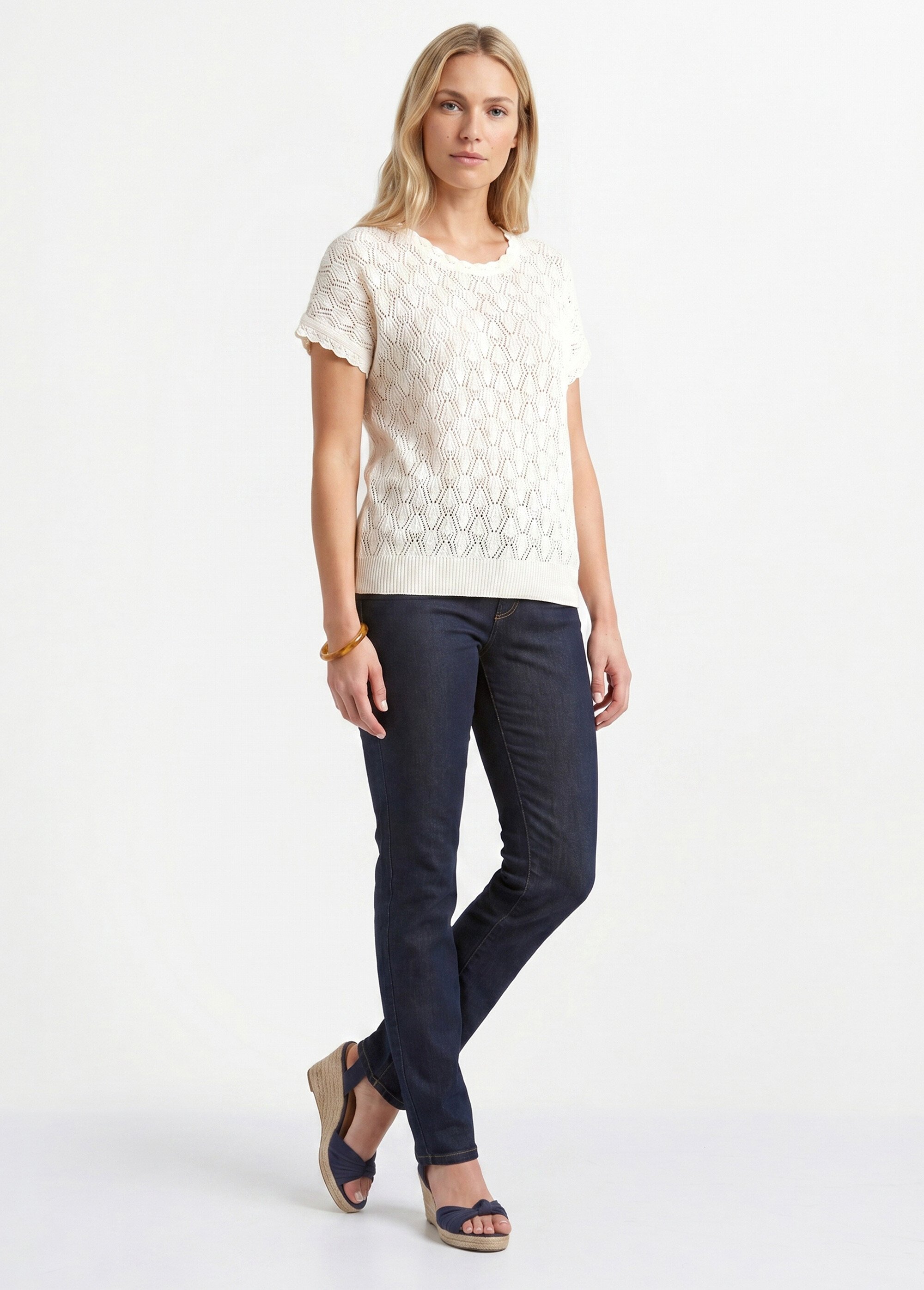Pull coton court col rond ajouré effet crochet Femme Beige MATIS SI1