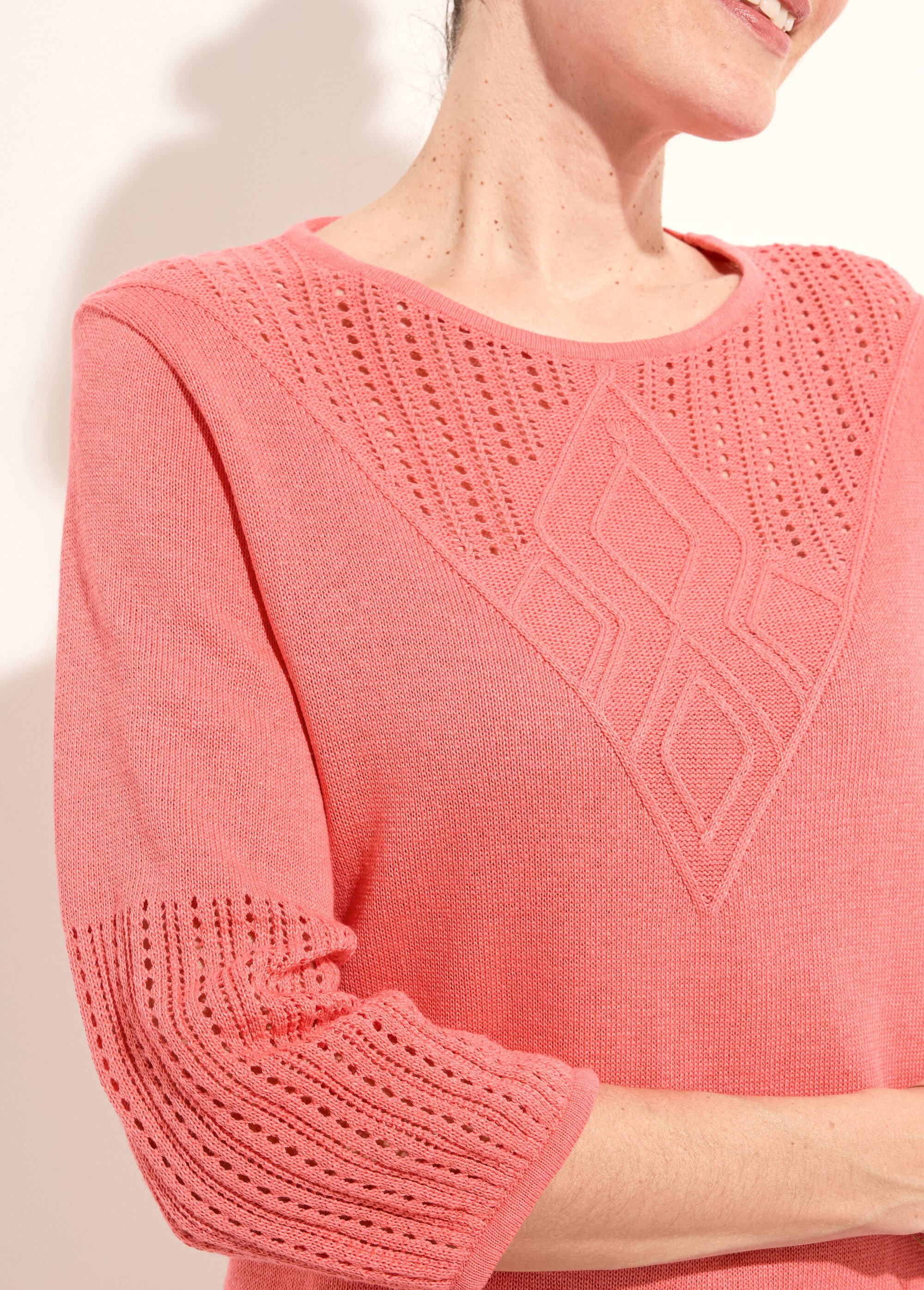 Pull doux coton ajouré manches 3/4 col rond Femme Rose MERRI DE1