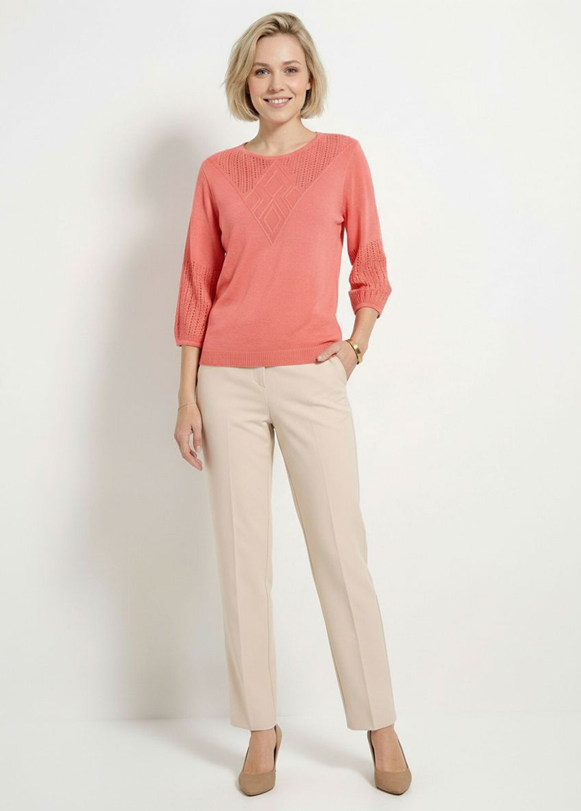 Pull doux coton ajouré manches 3/4 col rond Femme Rose MERRI SF1