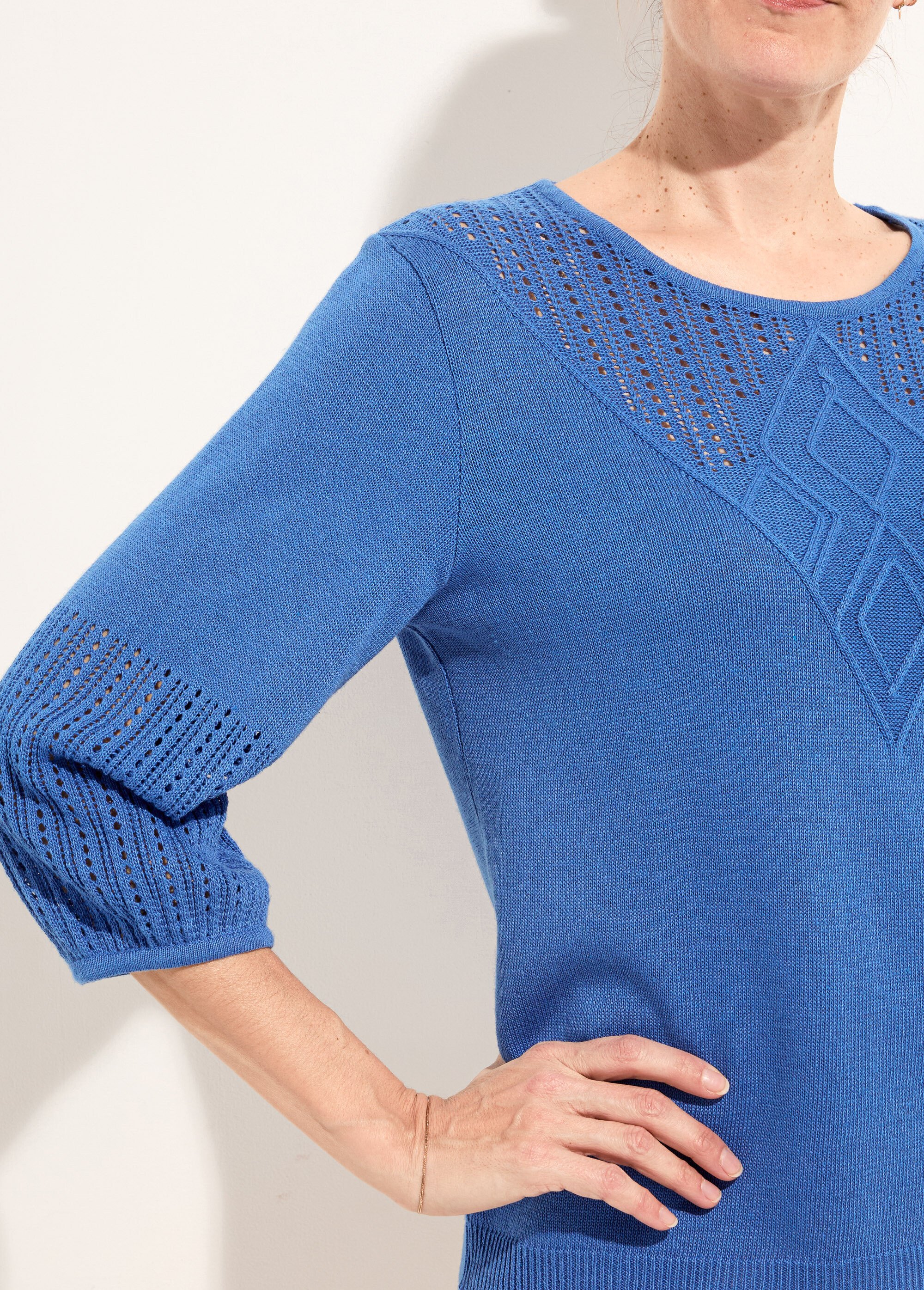 Pull doux coton ajouré manches 3/4 col rond Femme Bleu MERRI DE1