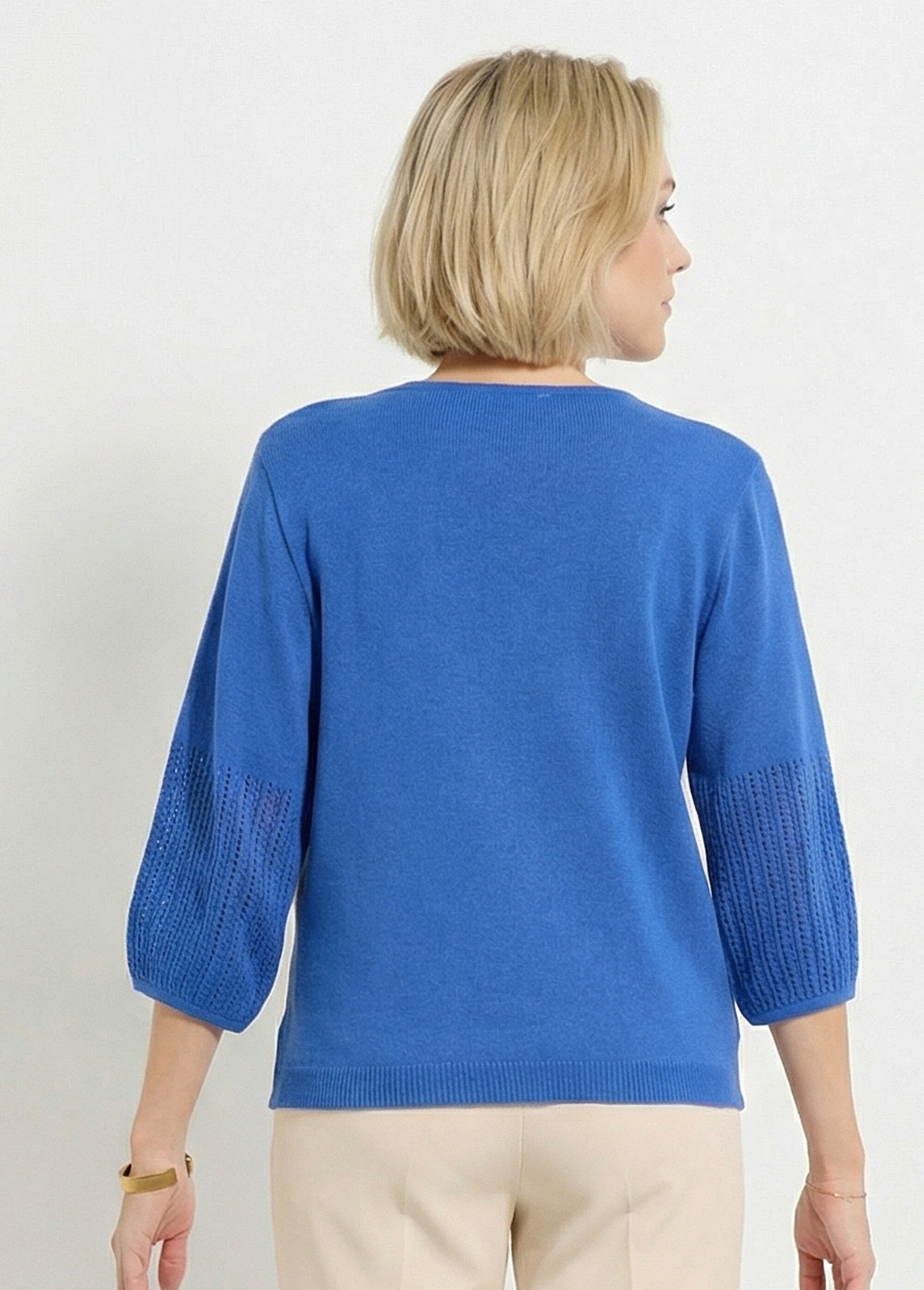 Pull doux coton ajouré manches 3/4 col rond Femme Bleu MERRI DO1