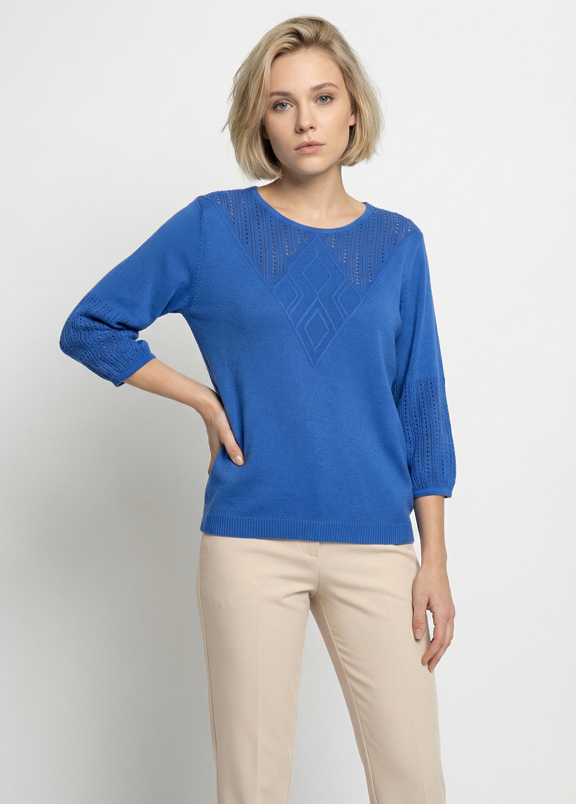 Pull doux coton ajouré manches 3/4 col rond Femme Bleu MERRI FA1