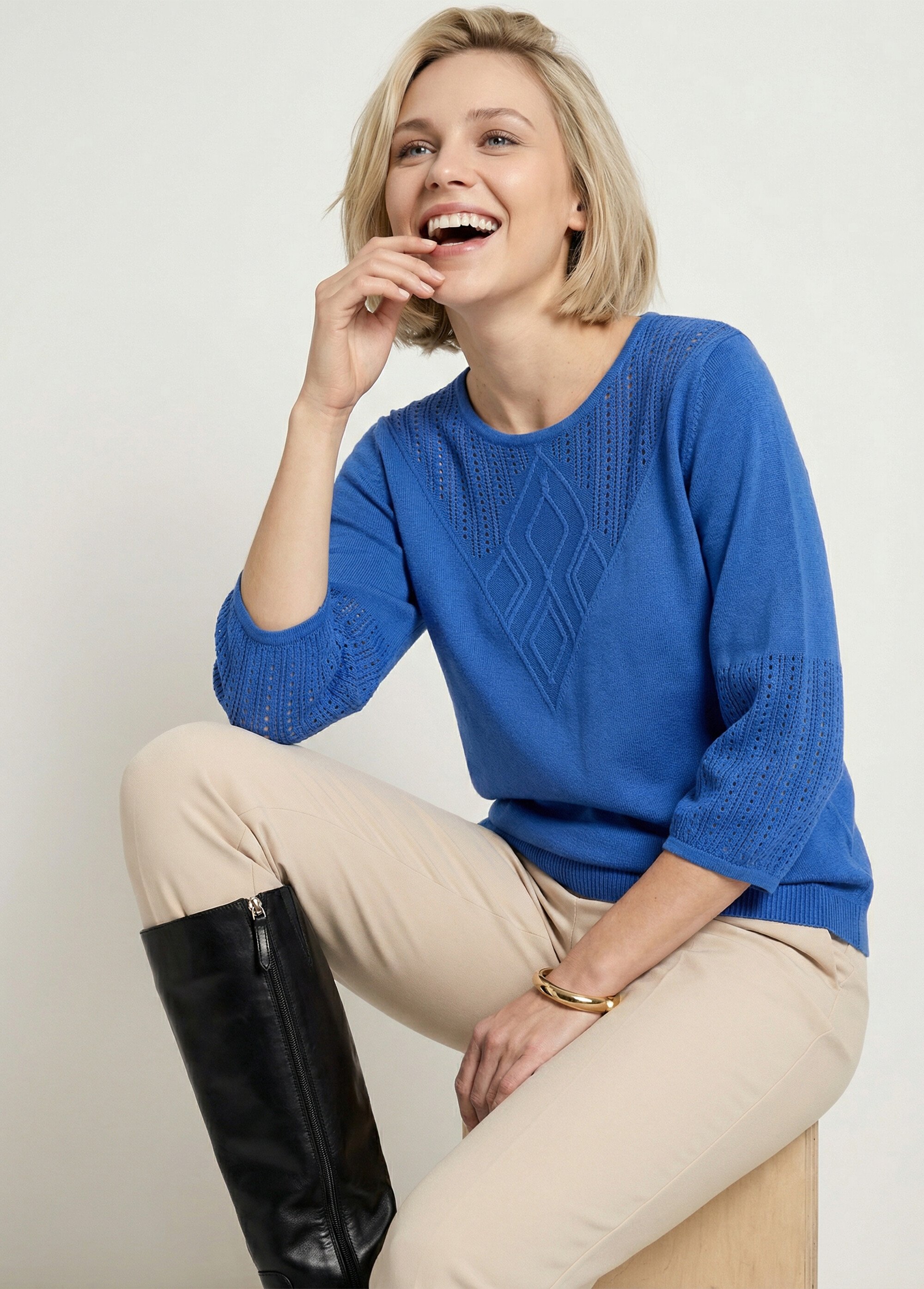 Pull doux coton ajouré manches 3/4 col rond Femme Bleu MERRI MV1