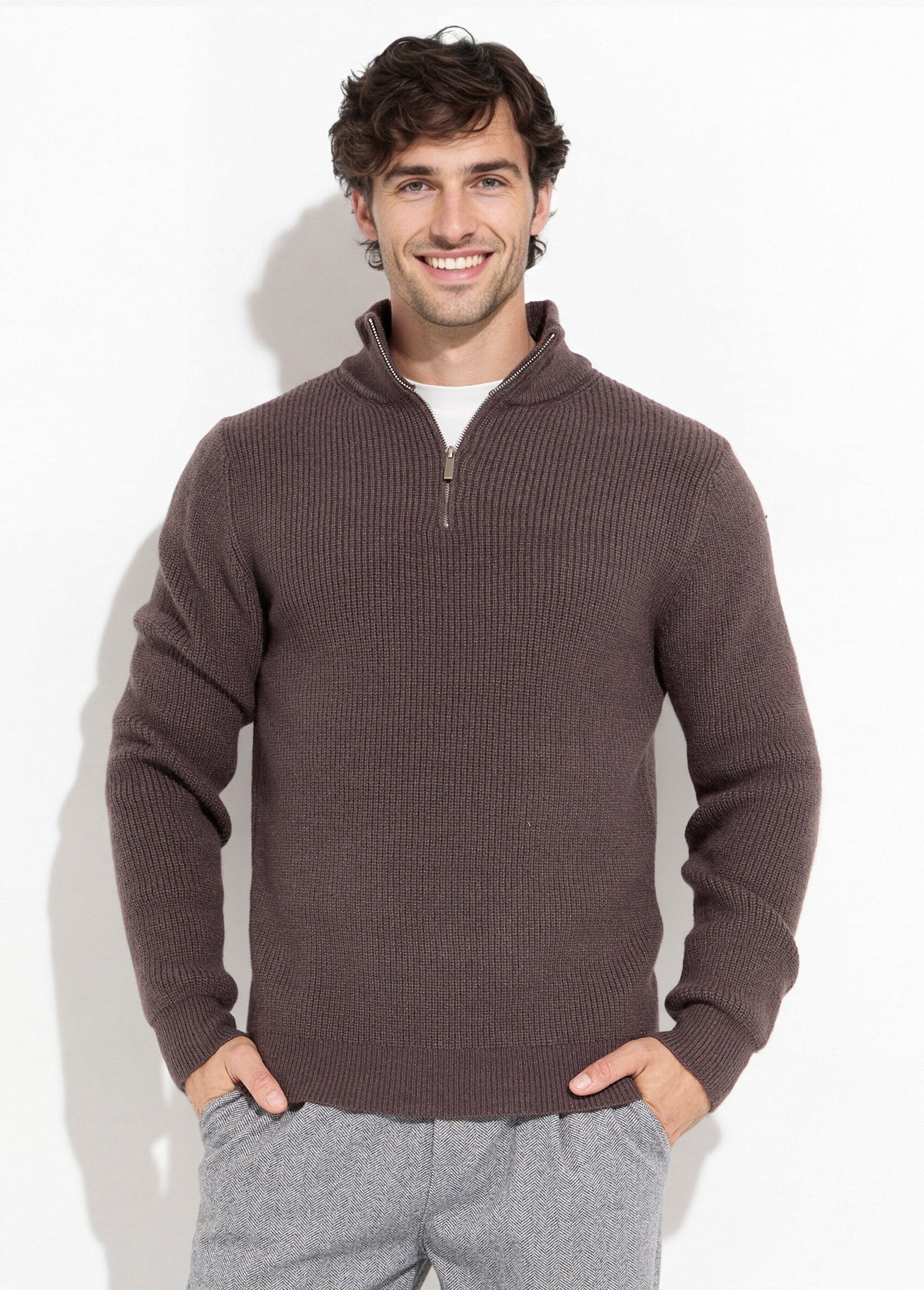 Pull épais avec col zippé camionneur Homme Marron FRICFZ0236A FA1